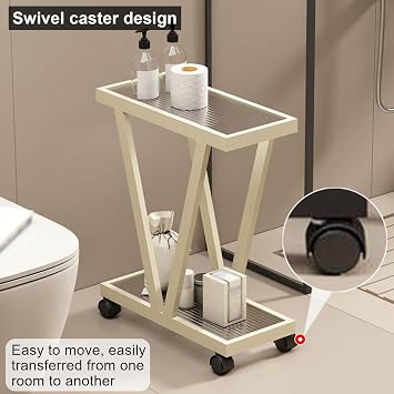 Metal Storage Shelves, Bathroom Narrow Ga-p Organizer Stand, Side Table Cart With Glass Top & Wheels For Living Room Bedroom Kitchen Office(Beige,45x15x50cm)