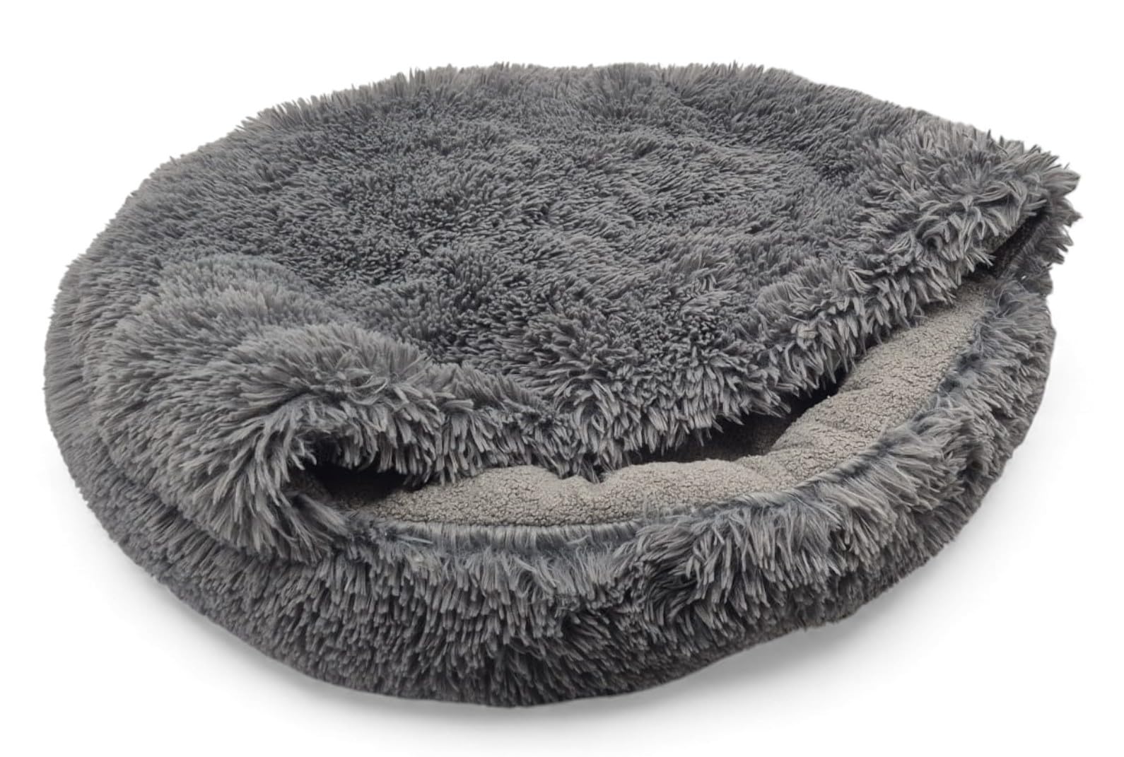 Odolplusz Rundes Kuschel-Hundebett und Katzenbett, Grau, Shaggy Bouclé, Schlafsack-Design, Warmes Höhlenbett, Rutschfester Boden, Maschinenwaschbar, für Mittelgroße Hunde und Große Katzen (100 cm)