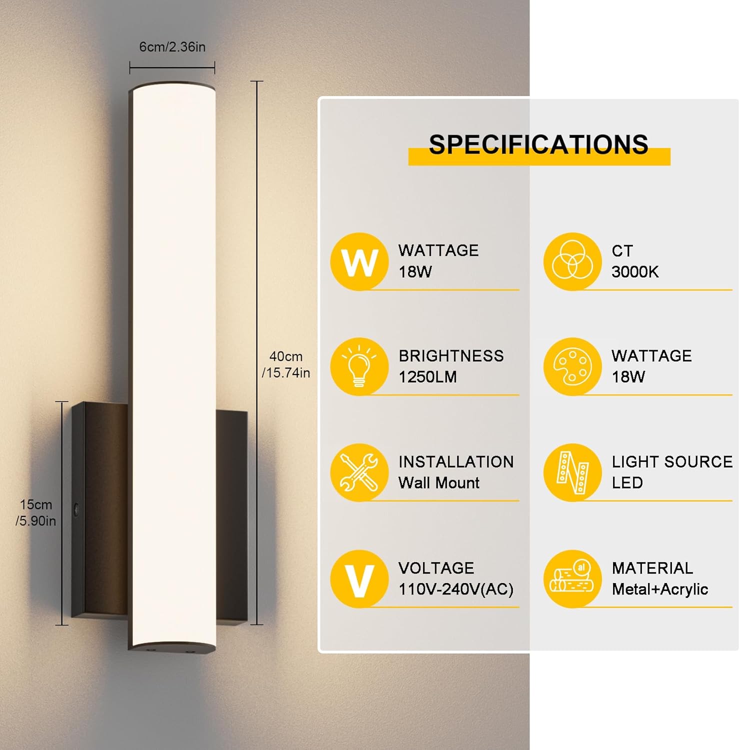 15.7 Inches Modern Bathroom Led Wall Sconces,18W 3000K Hardwired Wall Light with White Acrylic Lampshade,Indoor Bathroom Vanity Light for Mirror Bedroom Living Room Hallway(Black,2Pack)