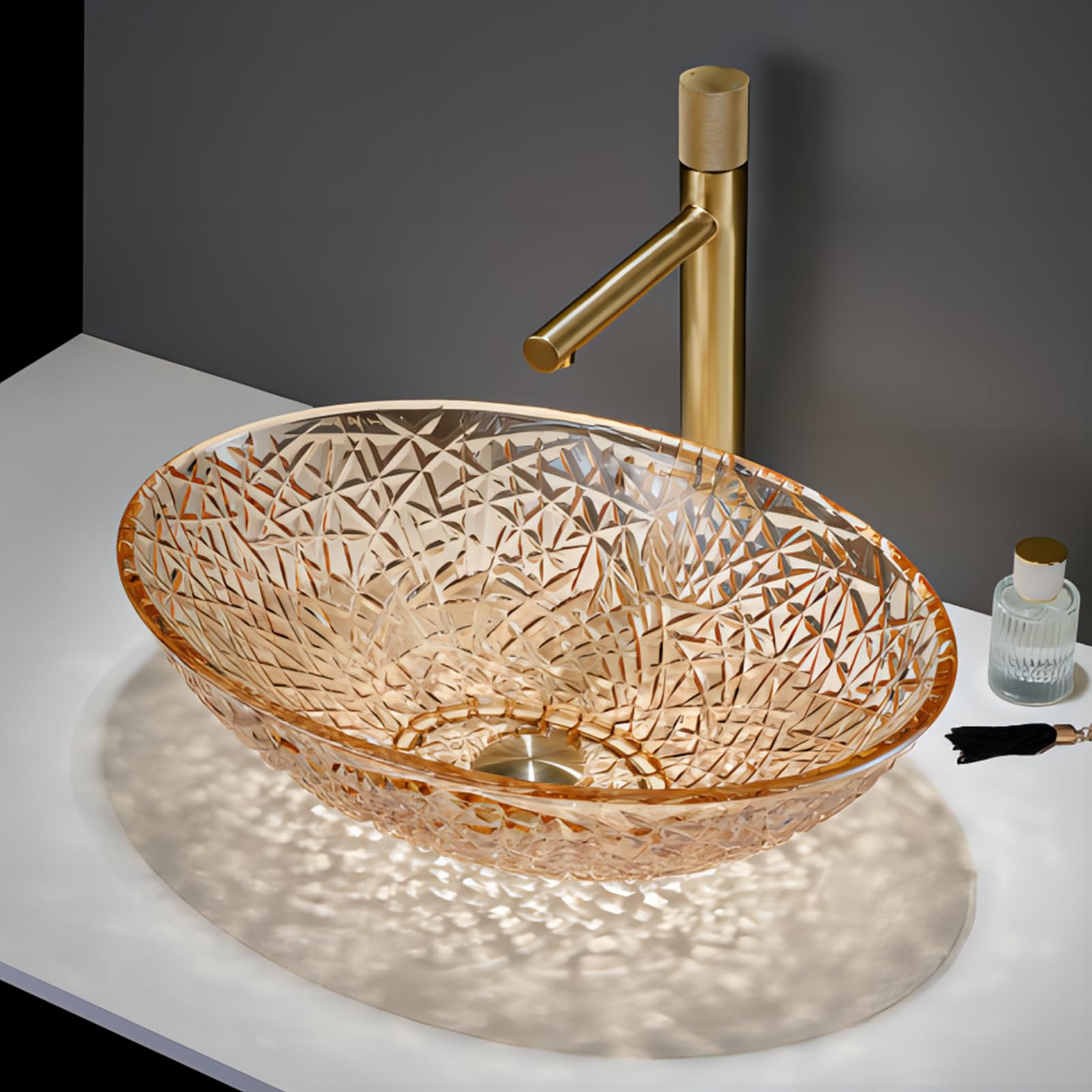 KDKSC Glass Sink,Amber Oval Bathroom Vessel Sink 20" x 14",Above Counter Bathroom Vanity Sink Bowl,Retro Color Matching&Modern Design;Suitable for Various Styles of Bathroom Countertops