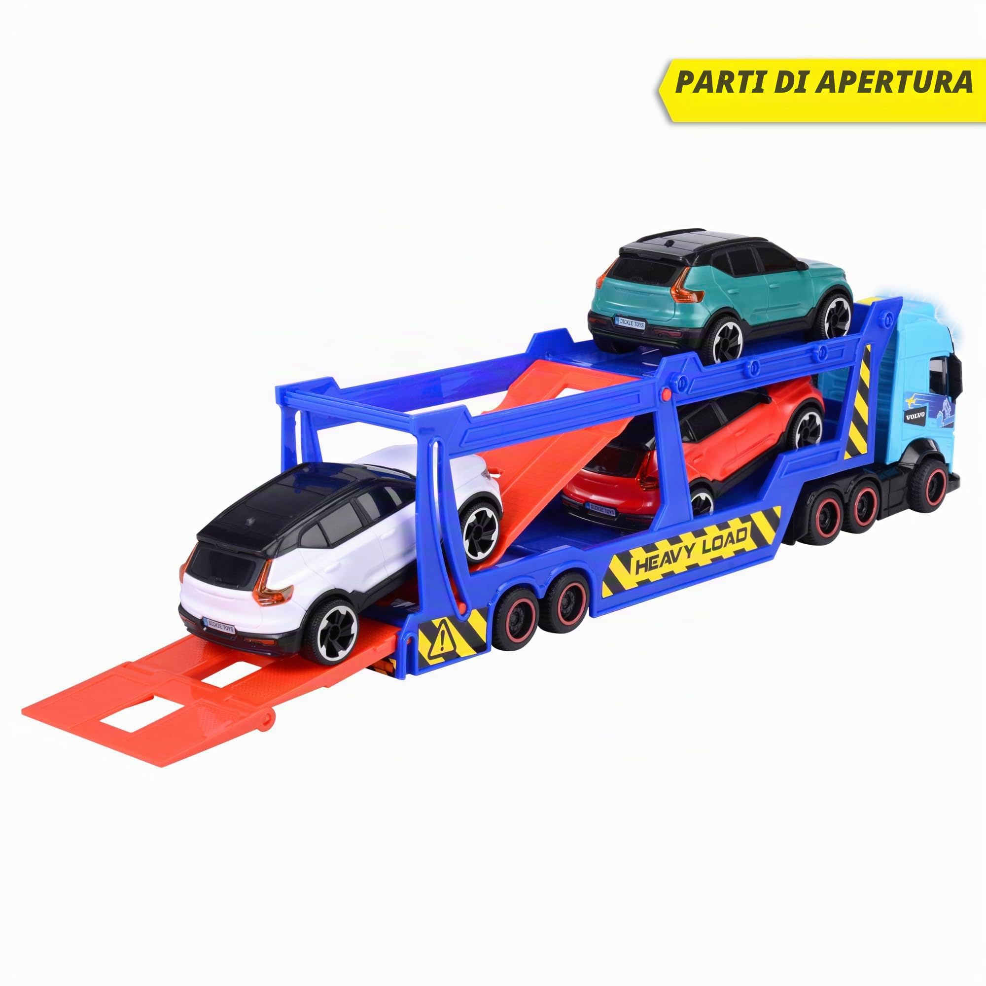 Dickie Toys -Trailer Trasportatore per Auto Volvo 40 cm- Camion FH16 con Rimorchio, Include 3 Auto XC40 Recharge, Effetti di Luce e Suoni, Giocattolo per Bambini a partire da 3 Anni (203747017)