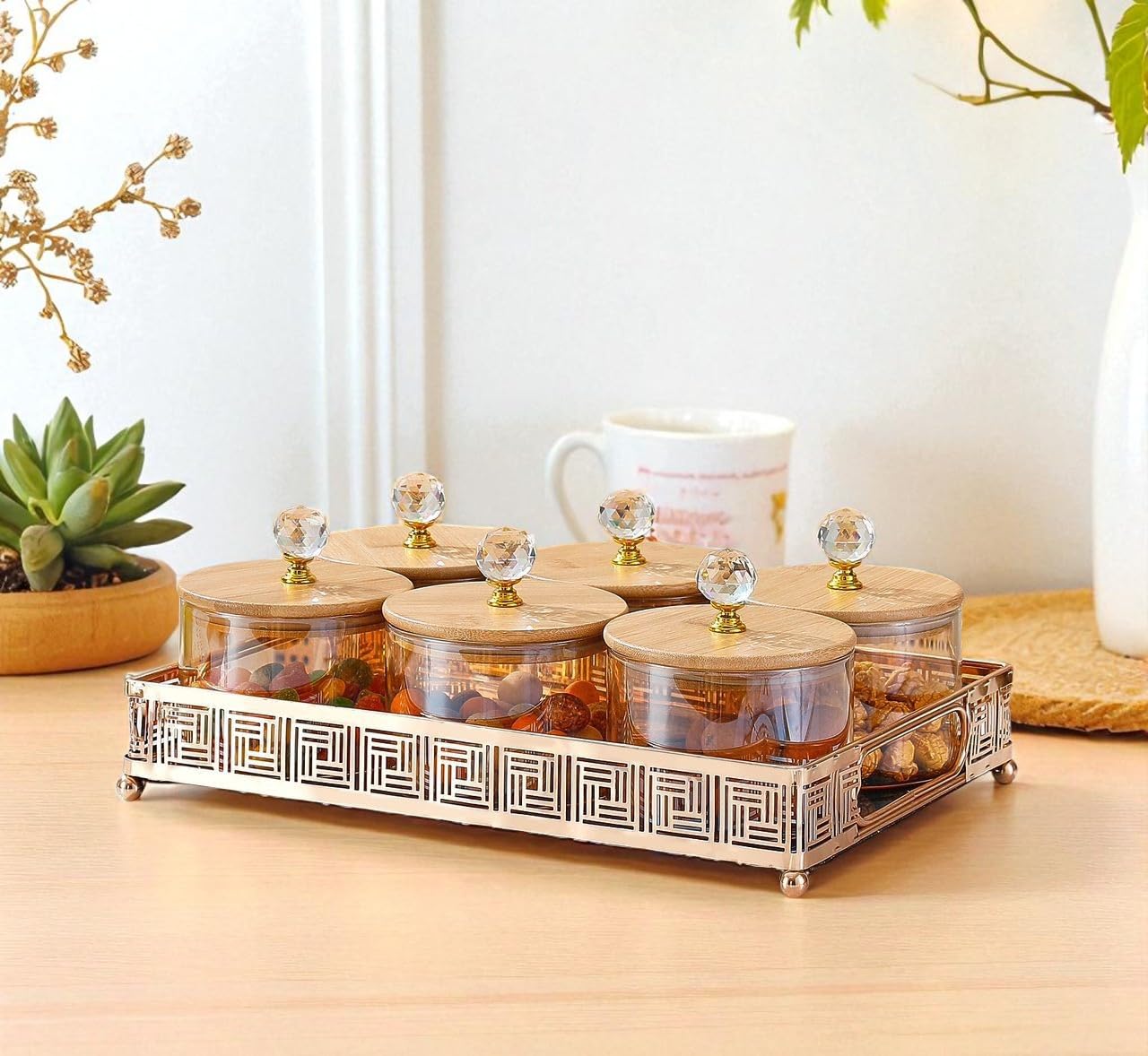 E - Ezra Diwali Serving Dry Fruit, 6 pcs Glass Container Serving Tray Set | 600 ML Each Premium Design Air-Tight Lid Snack Organizer Tray Copper Stand Wooden Lid Diwali Gifts-image-40