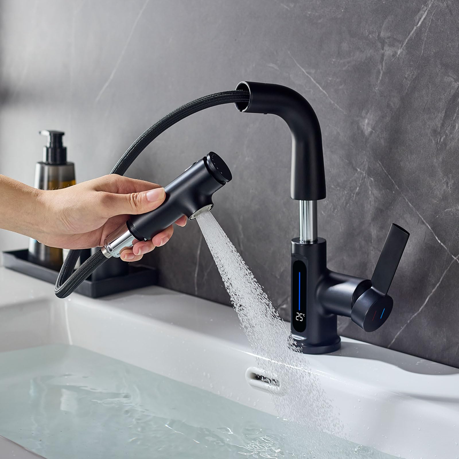 Rubinetto Bagno Lavabo Nero Doccetta Estraibile Con Della LED Temperatura | Miscelatore Lavabo Estraibile LakeBayMZC,Rubinetti Monocomando Bagno con Doccetta,Aeratore Rimovibile,Senza Piombo, Nero