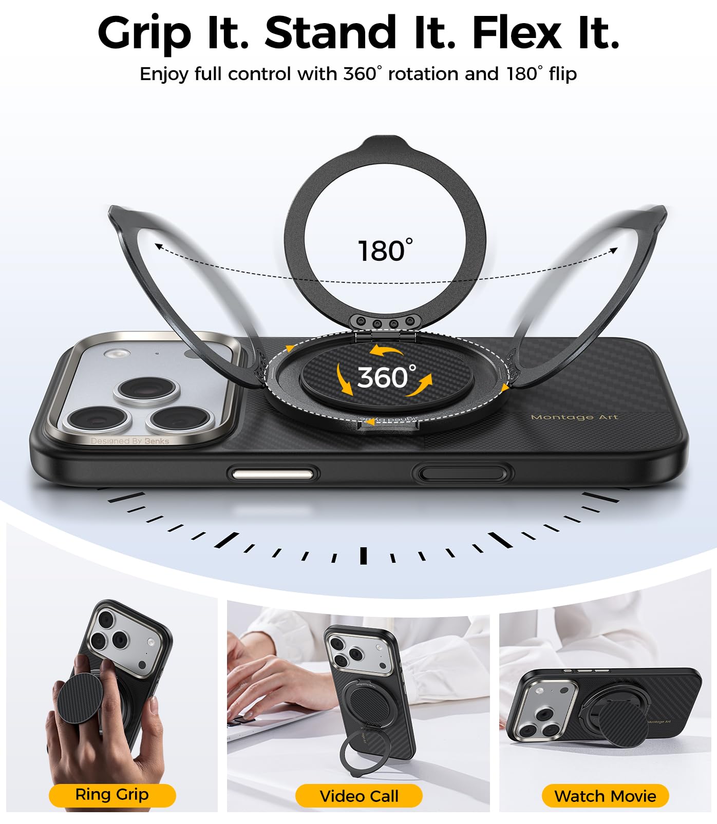 BENKS Anneau Téléphone Magnétique pour MagSafe Support et Grip 2-en-1, Rotation 360°, Support 180°, Kevlar Anneau avec Sangle, Poignée Ergonomique pour iPhone 17/16/15/14/13 Pro Max