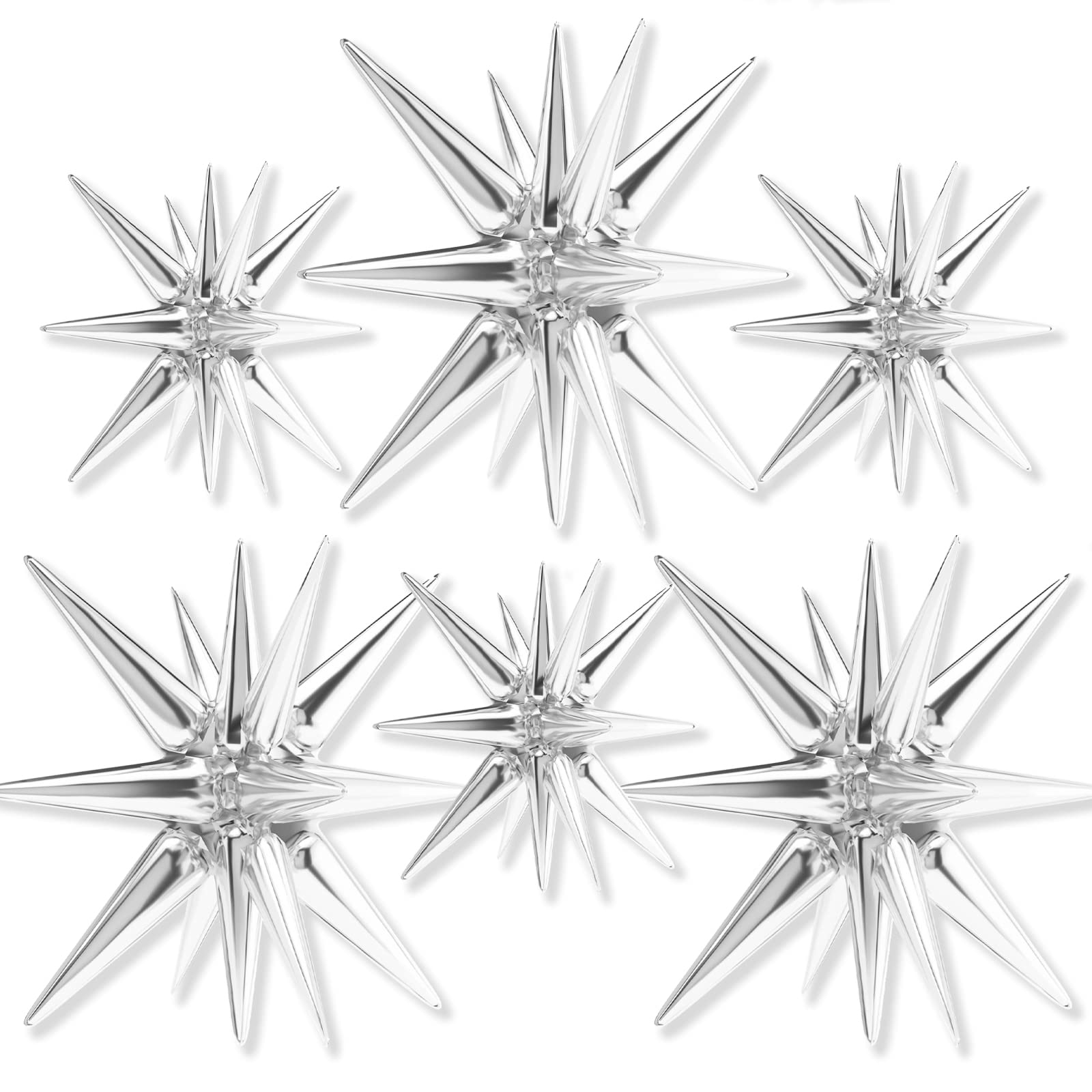 PartyWoo Metallic Silver Star Foil Balloons 6pcs Different Sizes Pack of 27 22 Inch Explosion Spike Mylar Balloons for Graduation Anniversary Bachelorette Engagement Birthday Party Decorations