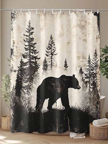 Cortina de ducha de tela impermeable retro con silueta de bosque de oso marrón, para baño, secado rápido, lavable a máquina, 72 x 72 pulgadas