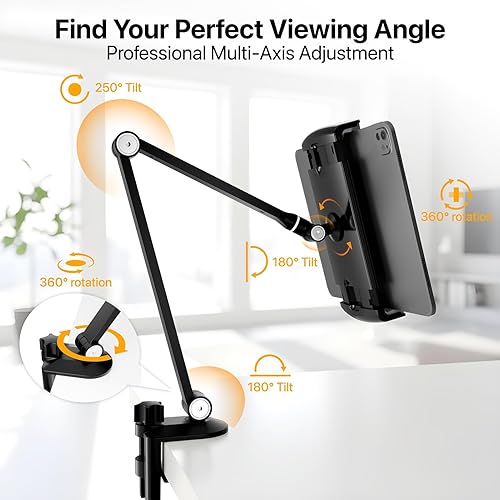 Miniatura 4 de Soporte para tableta, soporte de escritorio ajustable para iPad con base giratoria de 360 para dispositivos de 6.3 a 16 pulgadas, soporte de brazo