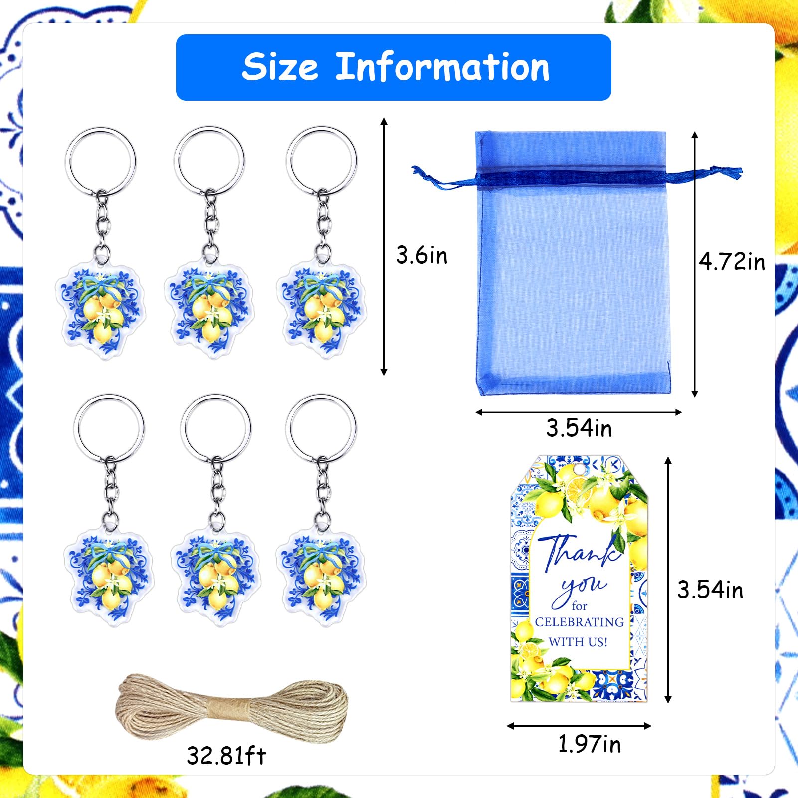 Serencatcher Lot de 72 cadeaux de fête au citron avec porte-clés en organza bleu avec cordon de serrage pour fête prénatale au citron « She Found Her Main Squeeze »