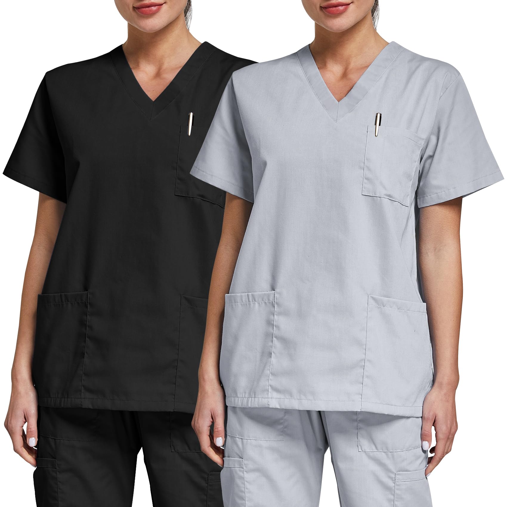 VOGRYE 2 Pack Scrub Tops for Woman - Soft Stretch, V-Neck Top Scrubs with 3 Pockets, Easy Care for Women