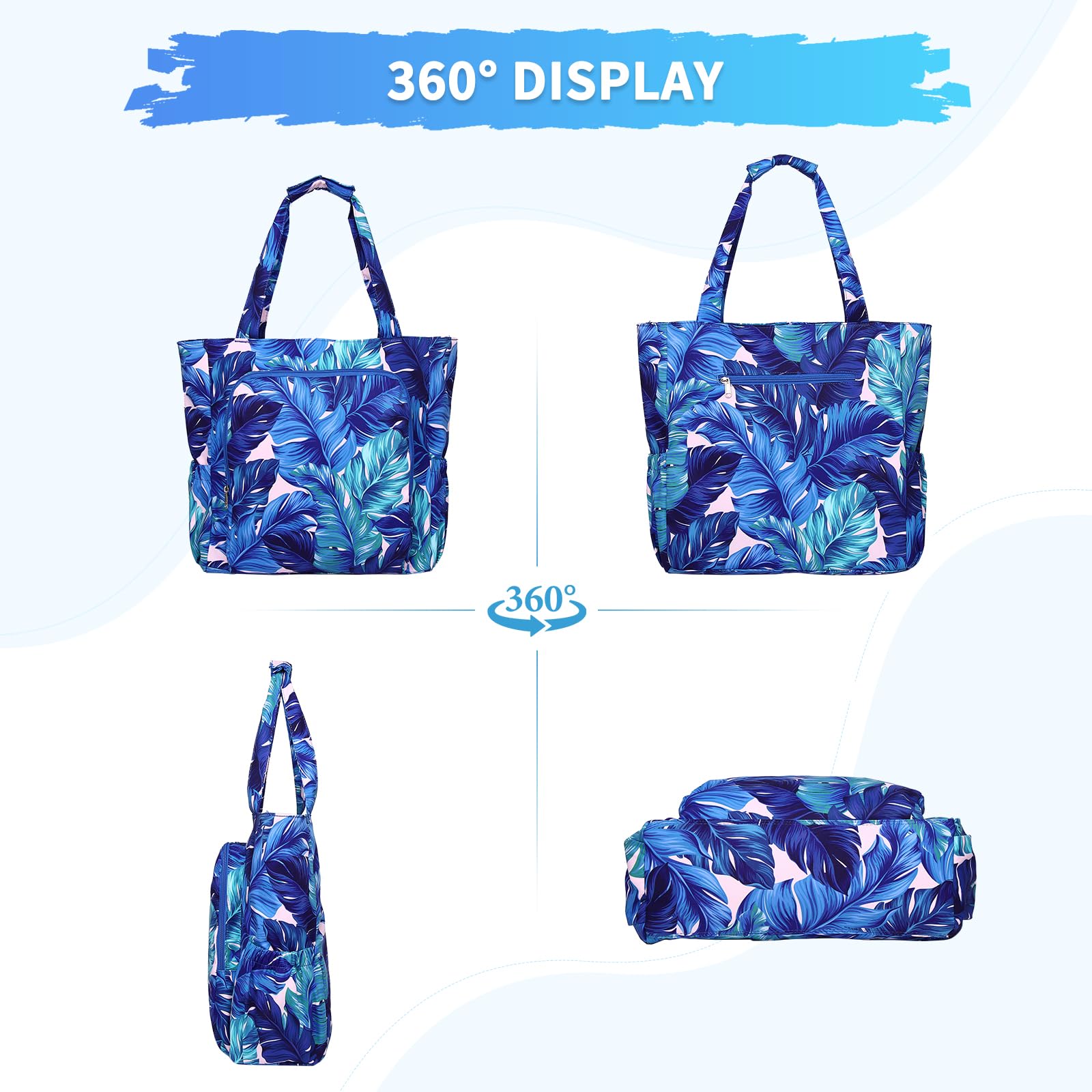 Chase Chic Bolsa de Playa Grande Familiar para Mujer con Cremallera, Impermeable, 8 Bolsillos - Bolso Tote Plegable para Playa, Piscina, Viaje, Gimnasio Hoja de Plátano Azul