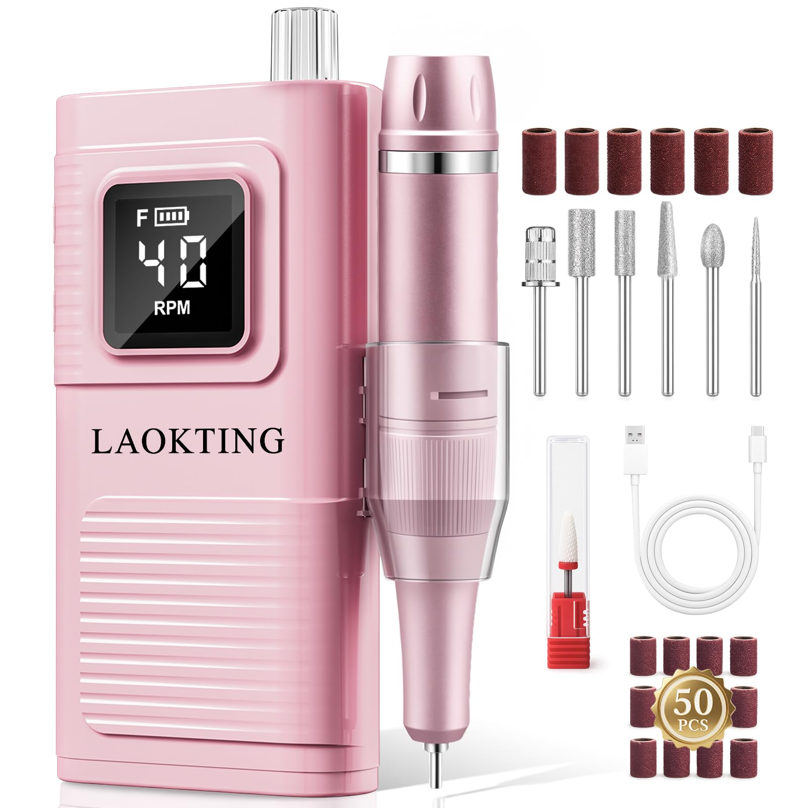 Kit profesional de taladro eléctrico de uñas, 40000 RPM tipo C, máquina de uñas de archivo E inalámbrico con pantalla LCD, 7 brocas, 56 bandas de lijado para el hogar/salón, cuidado de uñas práctica y