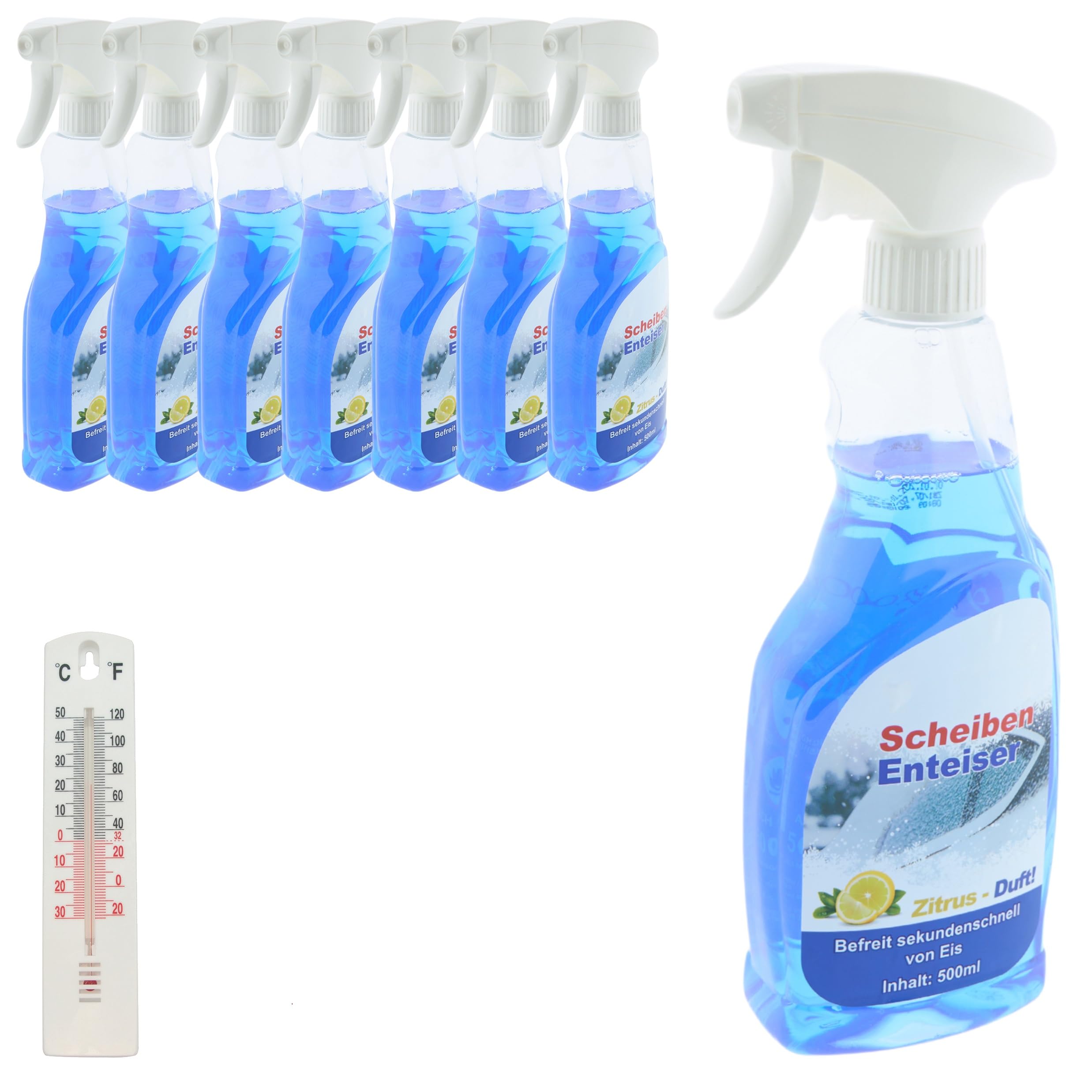 8 x Scheibenenteiser 500ml in Sprühflasche Auto Eisspray Entfroster Enteiser Enteiserspray Sprühenteiser + Gratis Thermometer