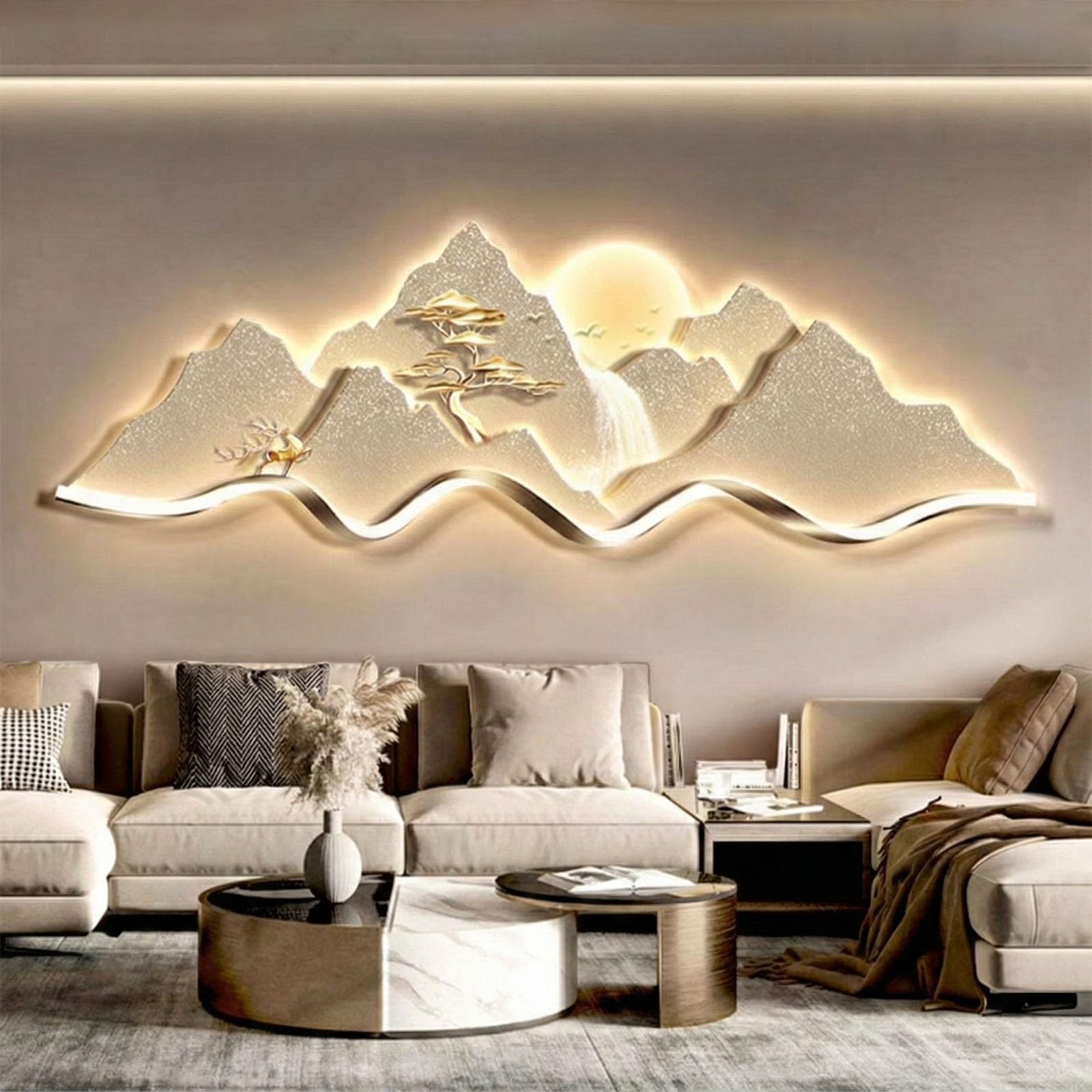 Grand paysage de montagne LED 3D décor mural rustique et lumineux