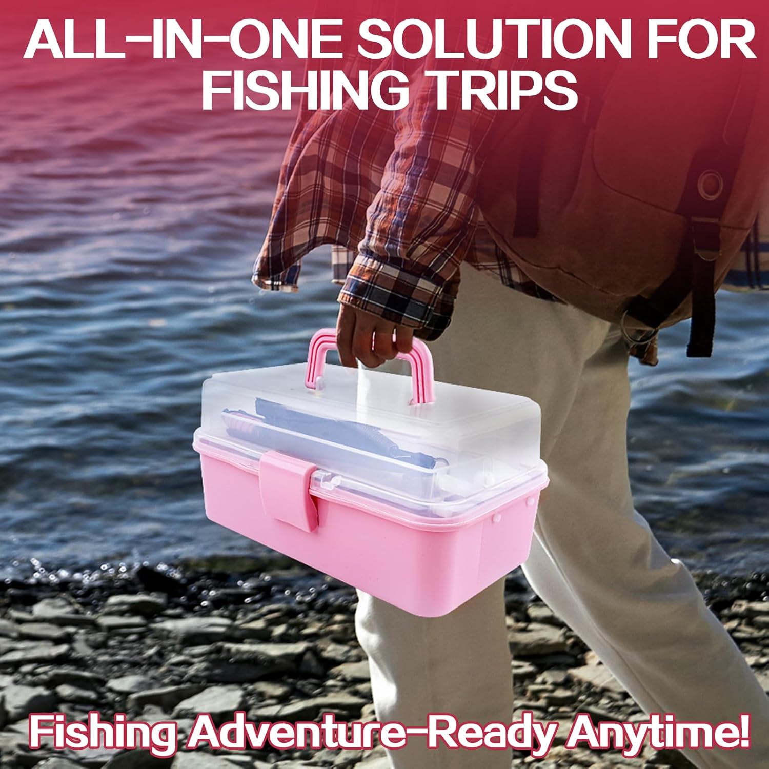 3-Layer Pink Fishing Tackle Box with Tackle Included, Fishing Tools Kit Includes Pliers Fish Lip Gripper Scale Crankbait Spinnerbaits Soft Baits Hooks, Ideal Gift for Angler Saltwater Freshwater