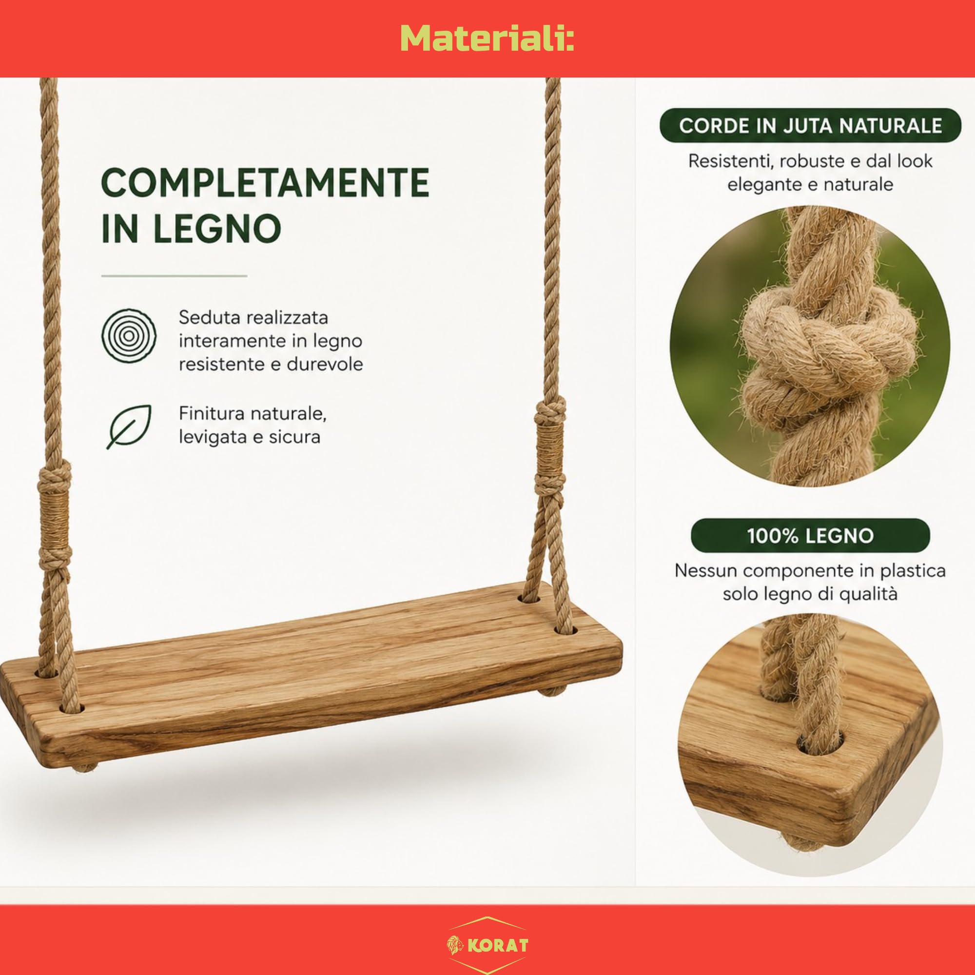 KORAT Altalena da Giardino in Legno con Corde in Juta Naturale – Altalena Sospesa per Bambini e Adulti – Seduta in Legno Massello 59x16 cm – Corde Regolabili fino a 250 cm – Portata Massima 150 kg