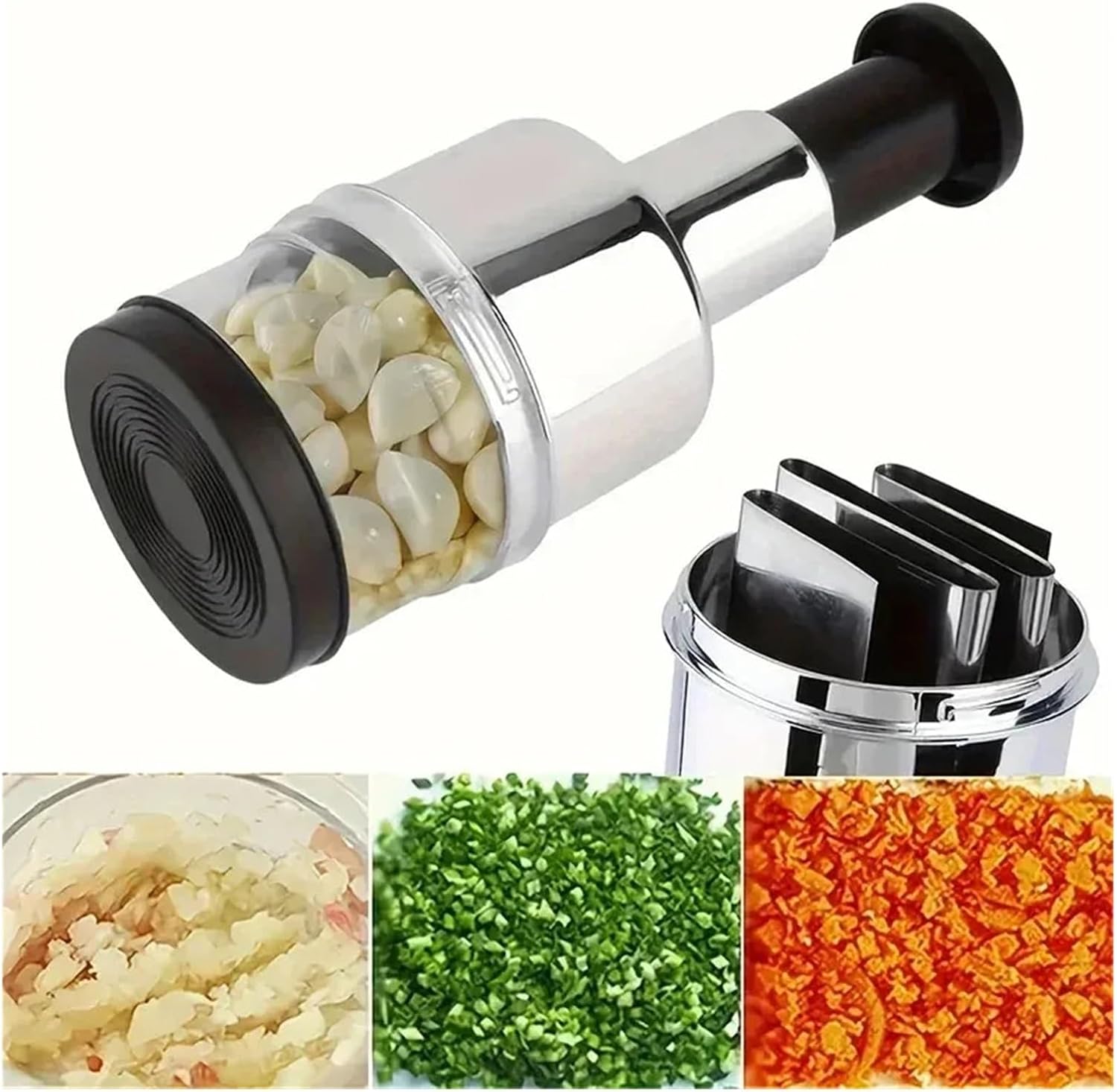 Stainless Steel Manual Garlic Press Vertical Hand Cutter Chopper Compatible with Onion Nuts Vegetable Food with Storage Kitchen Tool 304
