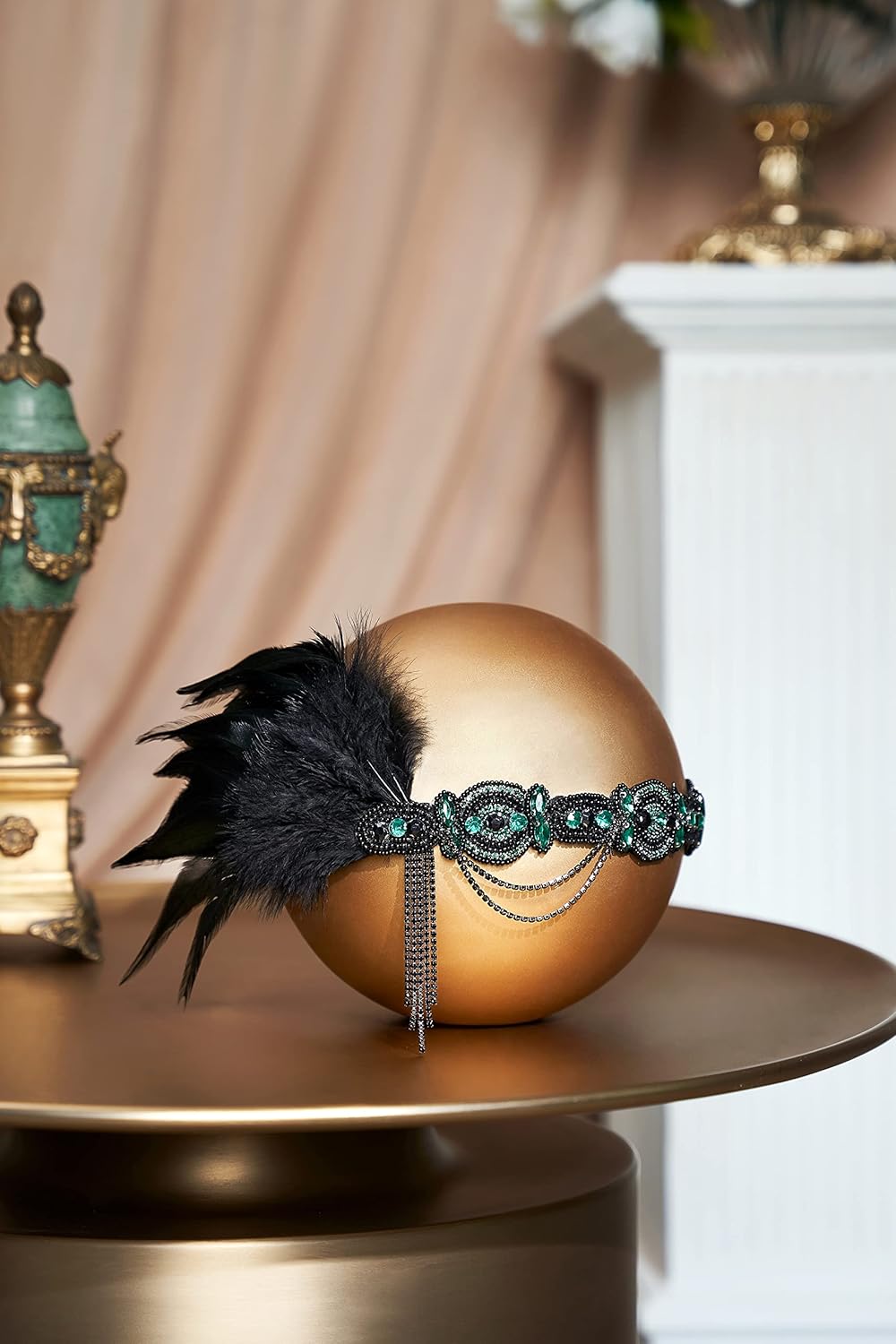 BABEYOND 1920s Flapper Headband Roaring 20s Gatsby Headpiece Black Feather Headband 1920s Flapper Hair Accessories (Dark Green) - Image 2