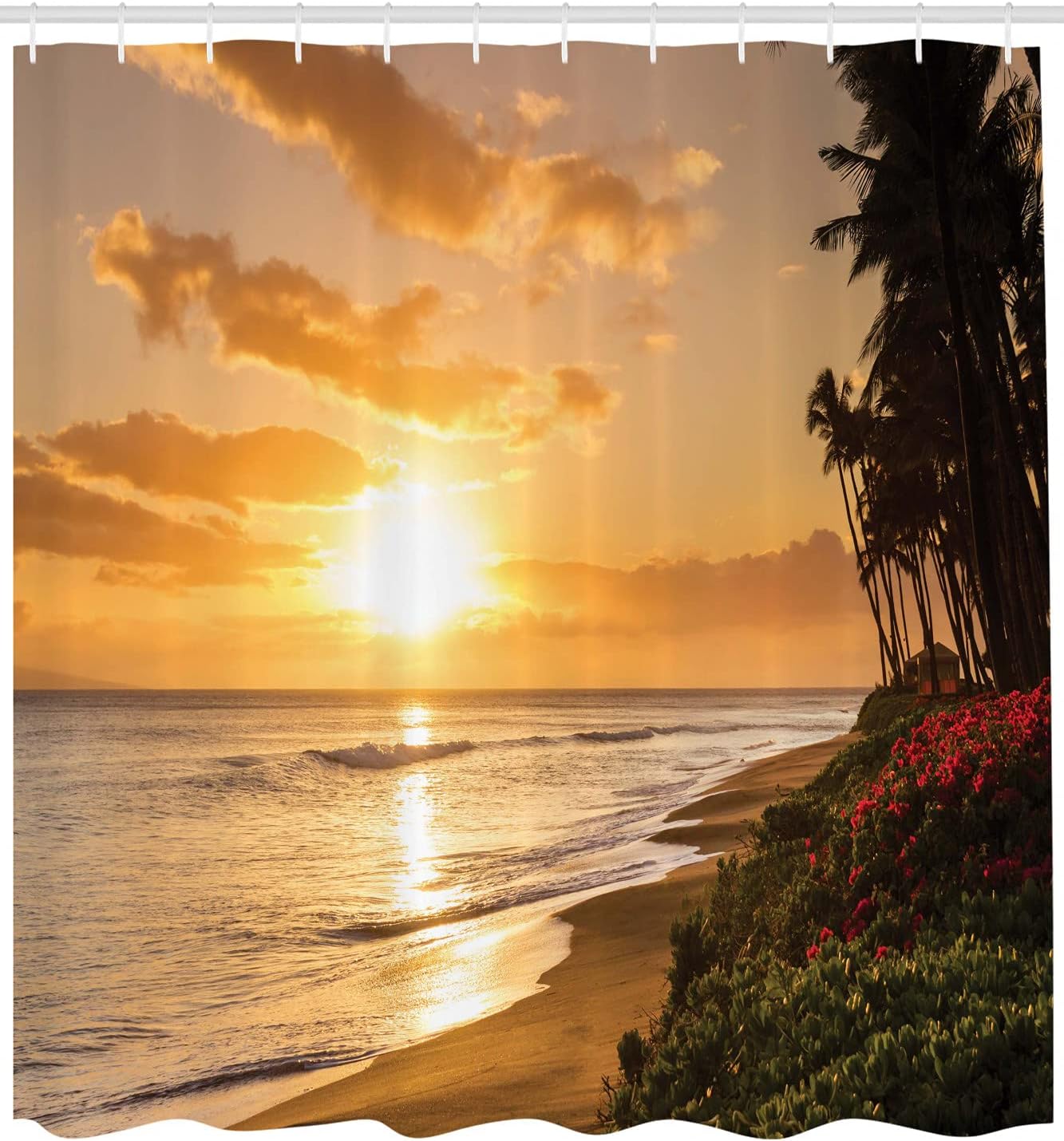 Ambesonne Hawaiian Shower Curtain, Warm Tropical Sunset on Sands of Kaanapali Beach in Maui Hawaii Traveling, Cloth Fabric Bathroom Decor Set with Hooks, 69" W x 75" L, Orange Green Pink