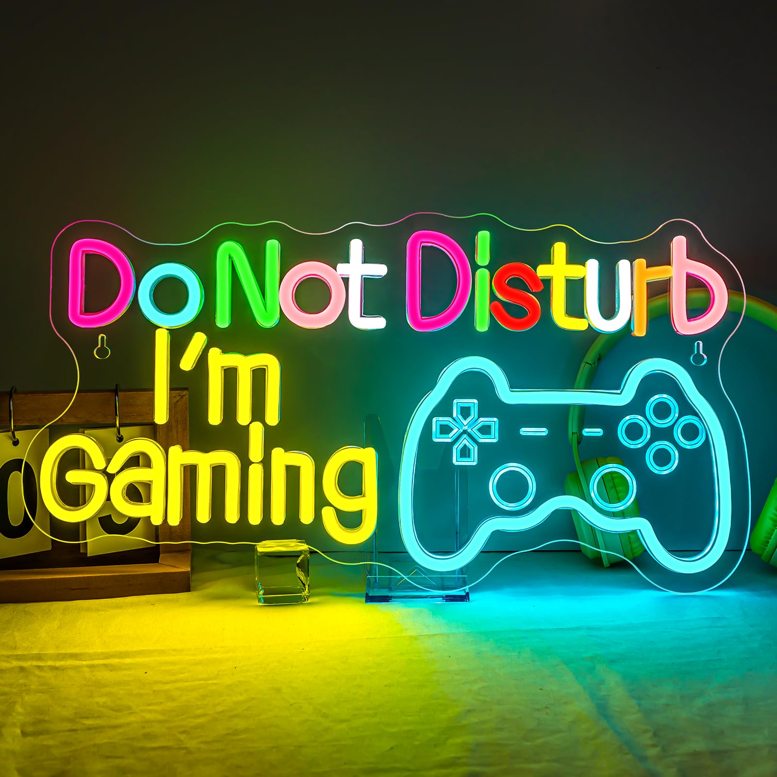Neonowy znak "Do Not Disturb I AM Gaming", jasny, duży, kolorowy, ściemniany zestaw słuchawkowy LED, oświetlenie i słuchawki, zasilane przez USB, podświetlane znaki do gry w strefę gier, pokój