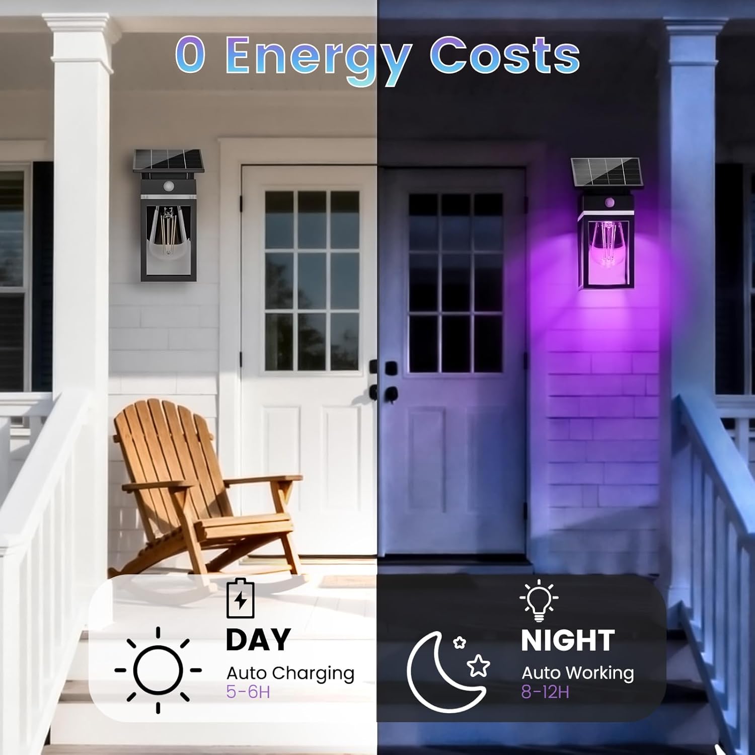 2 Pack RGB Solar Wall Lights Outdoor, Dusk to Dawn & Motion Sensor Porch Light with Lantern Shape, 10 Modes (RGB Cycle/Fixed) IP65 Waterproof, E26 Bulb Exterior Sconce for Front Porch, Garage, Patio