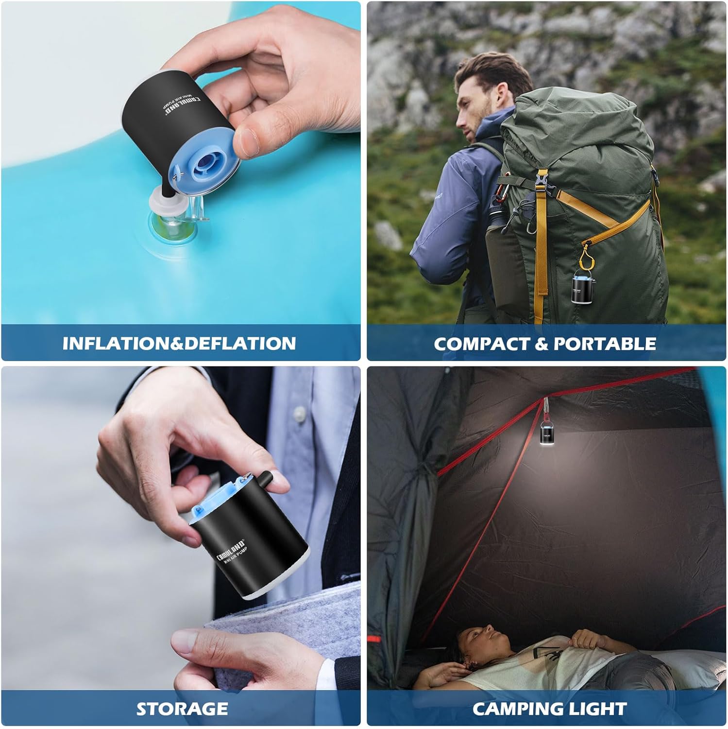 AGPTEK Electric Air Pump + Mini Air Pump, Sleeping Pad Pump Portable Air Pump for Inflatable with Battery USB Rechargeable Camping Light for Air Mattress, Pool Floats,Vacuum