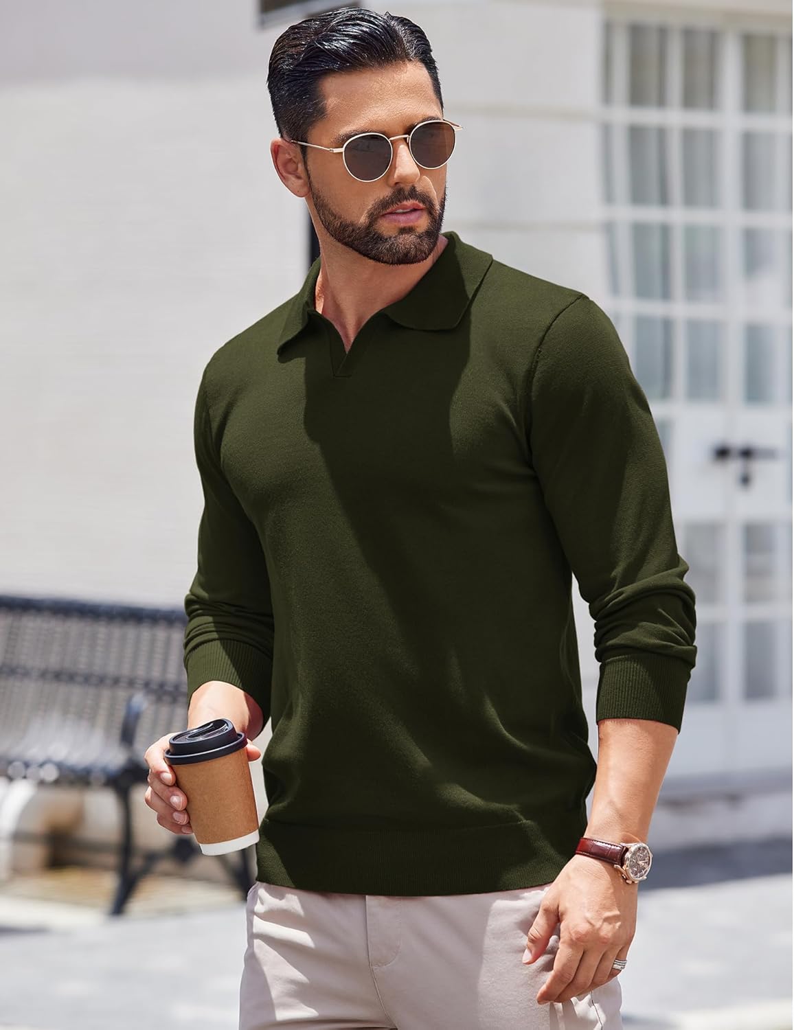 COOFANDY Long Sleeve Polo Shirts for Men Knit Polo Sweater Lightweight Ribbed Pullover Sweater - Image 2