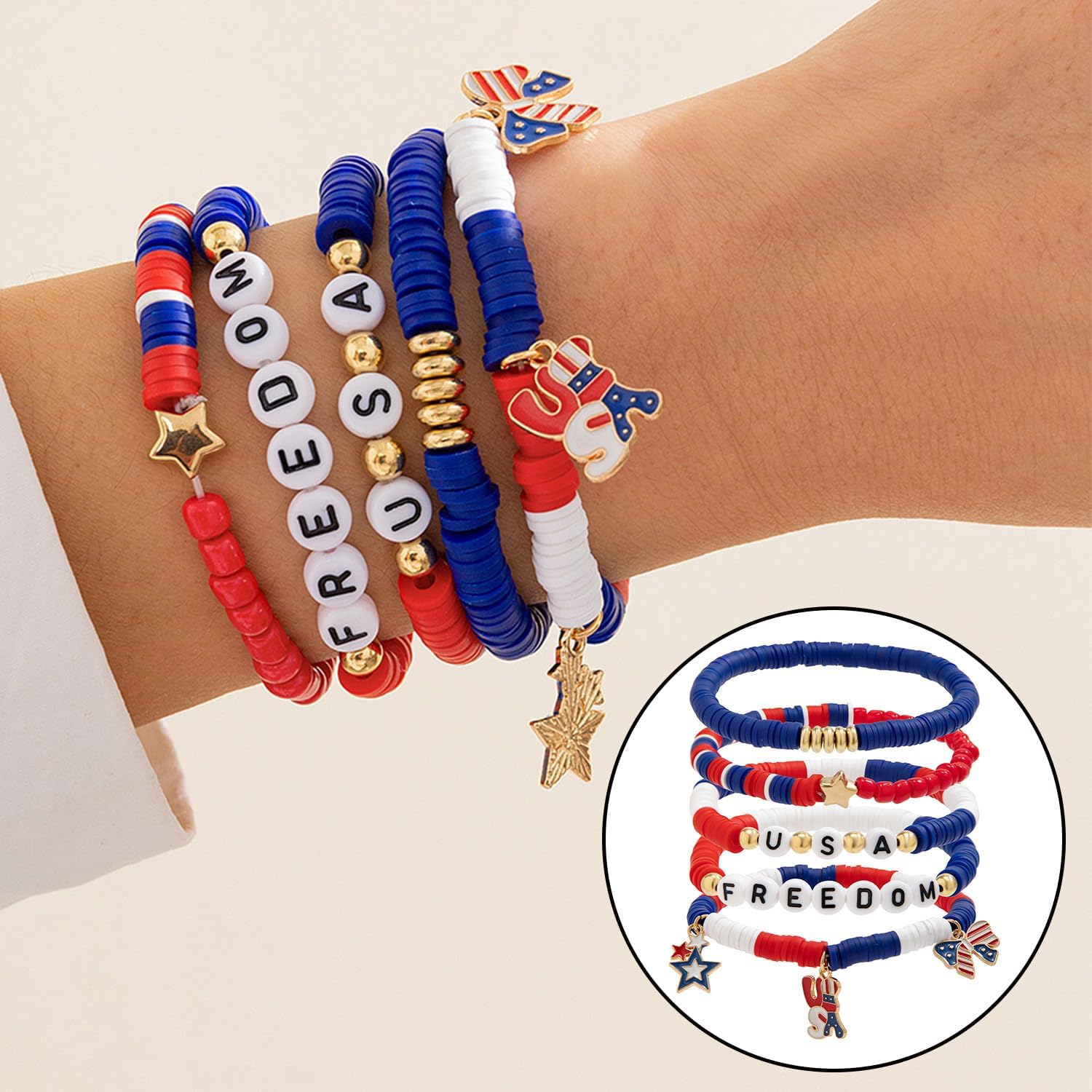 American Flag Bracelet for Women Girls Clay Bracelet Stackable Rainbow Friendship Bracelet Gifts,4th of July USA Decoration