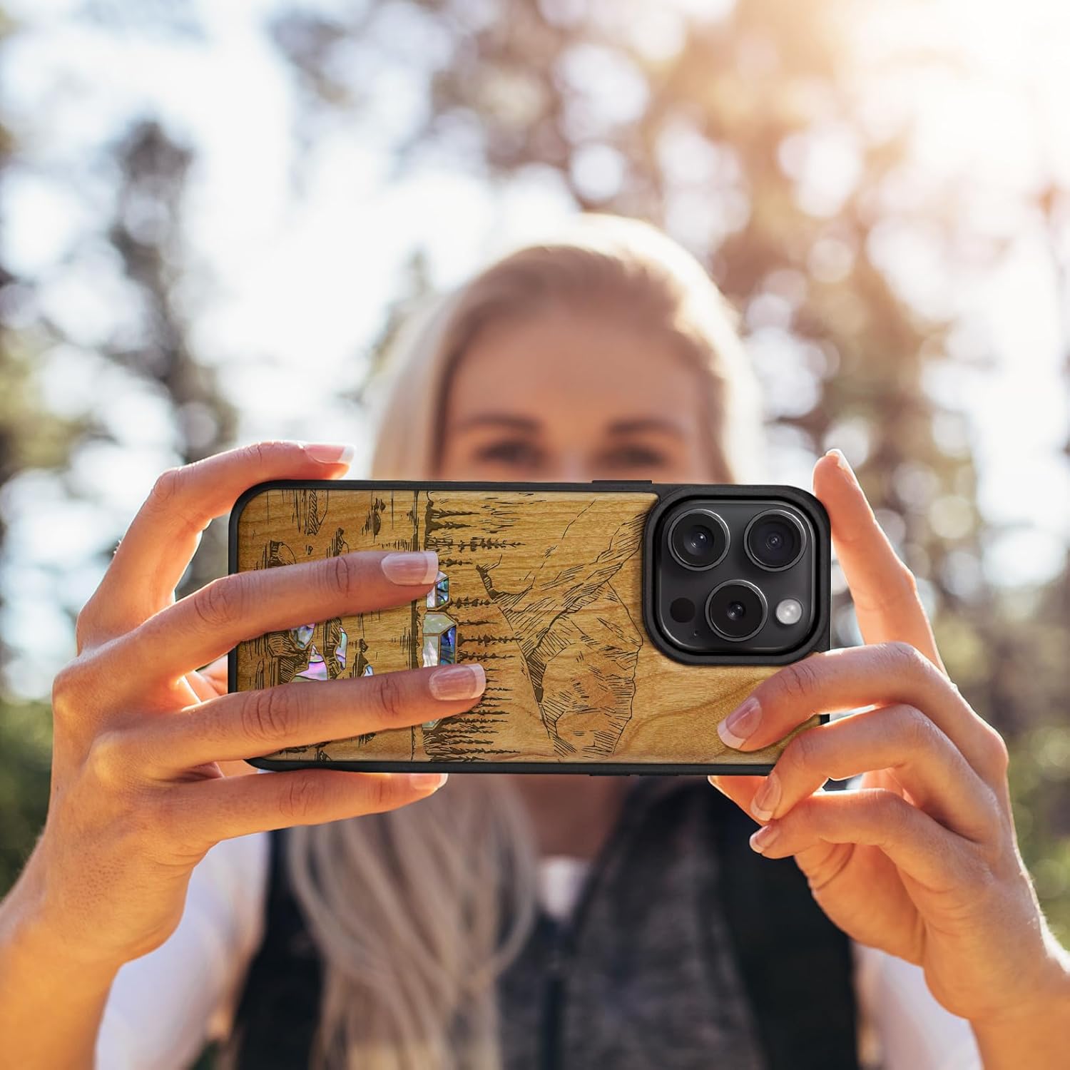 Carveit Magnetic Case for iPhone 16 Pro Case, Wood Artisan Engraved & Handmade Shell Inlaid, TPU Shockproof Cover, Compatible with MagSafe Wireless Chargers (Lakes and Mountains) Cherry