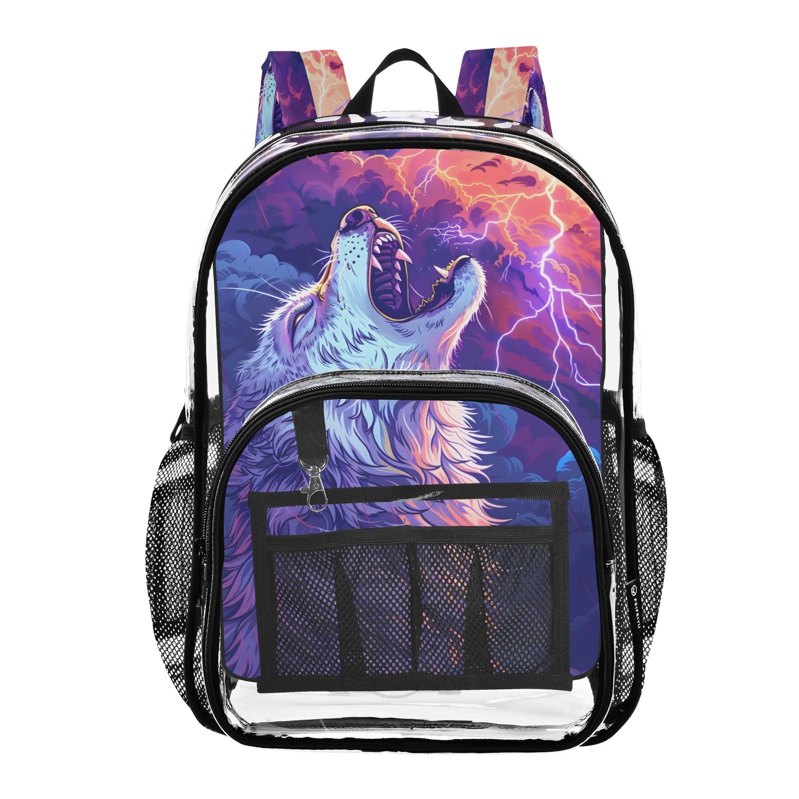 WEIYEKO Howling Wolf Sky Clear Backpack Heavy Duty See Through Transparent PVC BookBag for Kids Boy Girl Adult School Work