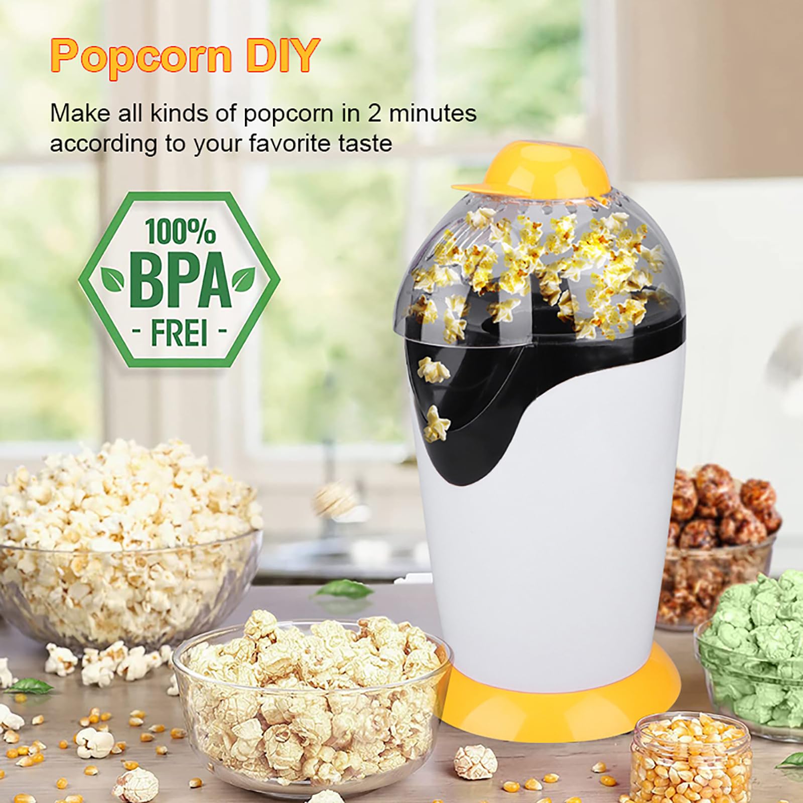 Maszyna do popcornu, elektryczna maszyna do popcornu na gorące powietrze, nieprzywierająca wewnętrzna, gotowanie 3 min., 97% szybkości poppingu, bez BPA, łatwy w użyciu, idealny do akademika, na