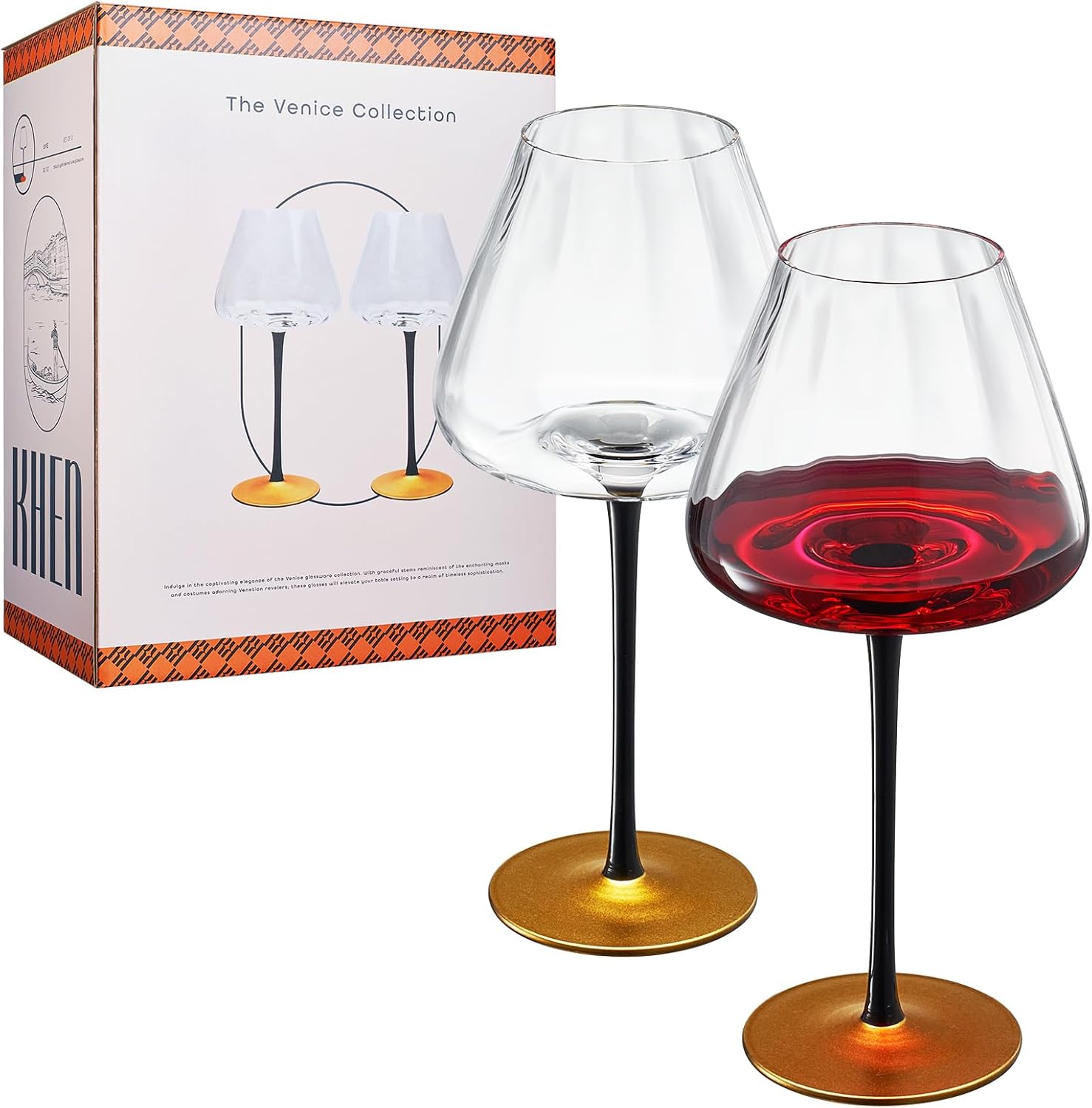 Khen Black and Gold Wine Glasses Set of 2 20 oz for Cocktails Party Decor Harvest Drinkware Cute Festive Cups Beverage Stemware Elegant Barware Display Gift Collection