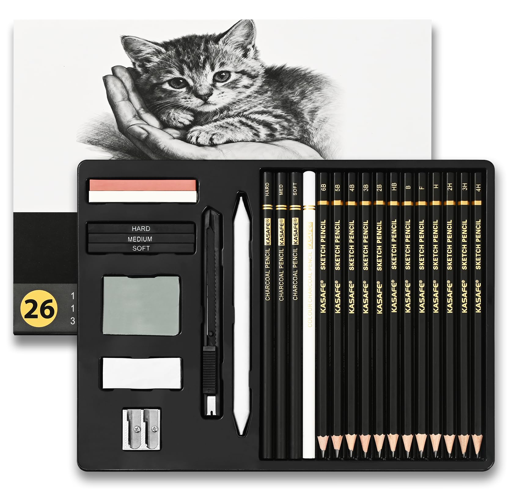 KASAFE 26-teiliges Profi Skizzen-Zeichenset, Kunstzubehör mit Graphitstifte (6B-4H) & Kohlebleistifte zum Zeichnen Skizzieren Schattieren, Radiergummis Anspitzer für Anfänger Künstler Erwachsene