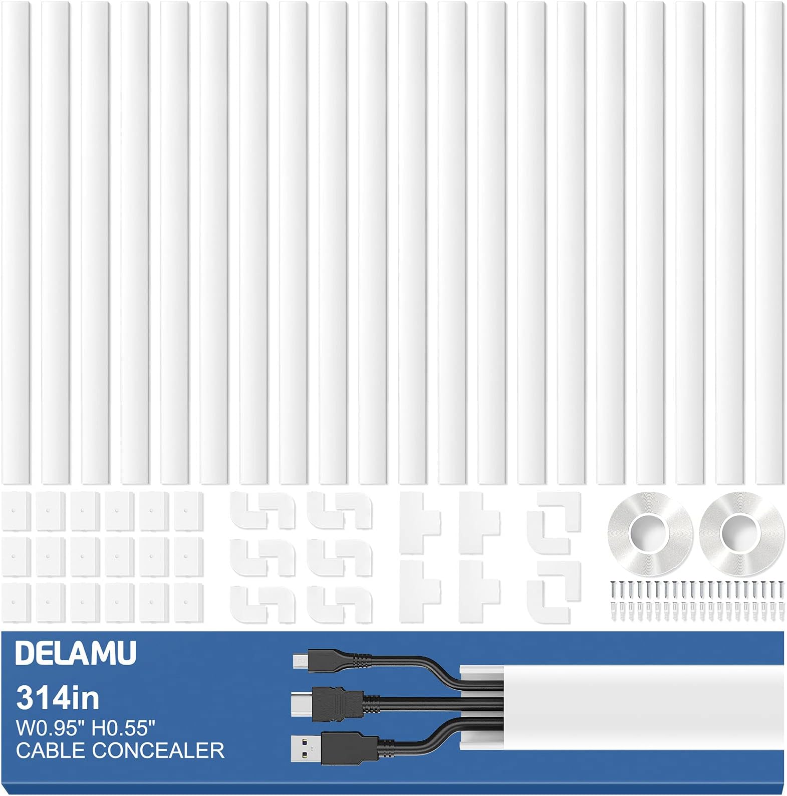314in Cord Hider, Delamu PVC Cord Cover, Paintable Cable Concealer Raceway Kit, Wire Hider for Wall Mount TV Power Cords in Home Office, 20 X L15.7in X W0.95in X 0.55in