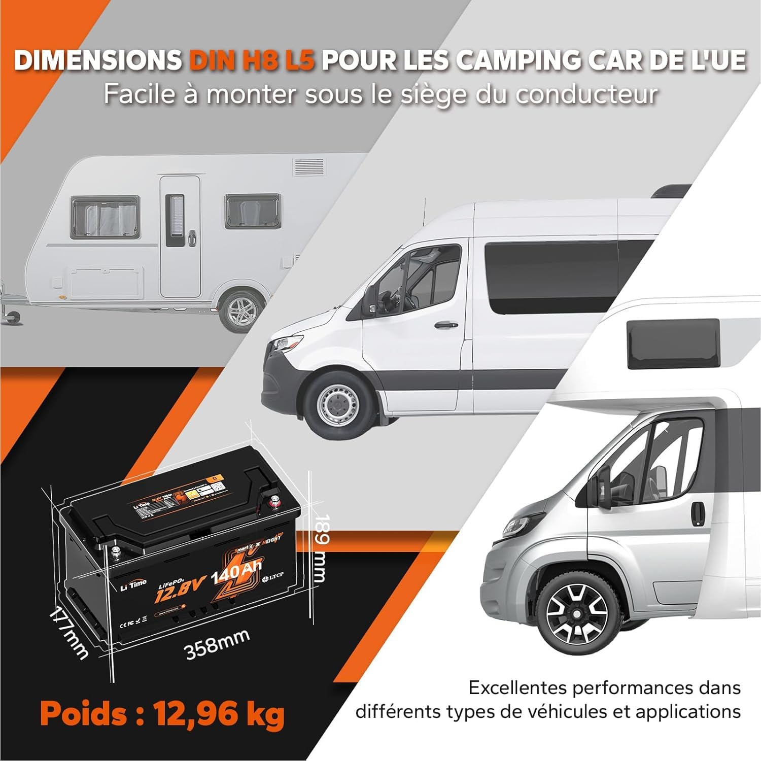 LiTime Batterie Lithium 12V 140Ah Bluetooth H190 avec 14,6V 20A Chargeur pour Camping-Car, AC-DC Chargeur avec Connecteur Anderson, Max. 15000 Cycles, Énergie 1920Wh, Idéale pour Camper Van, Fourgon