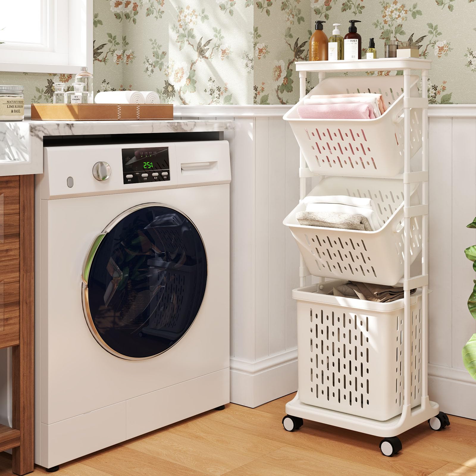 LIFEZEAL Cesto Portabiancheria, con Routi, Portabiancheria Sporca, 3 Scomparti, Cesto Biancheria Sporca, con Manici e Ripiano, Carrello Portabiancheria, Laundry Basket, carrellino in Plastica, Bianco