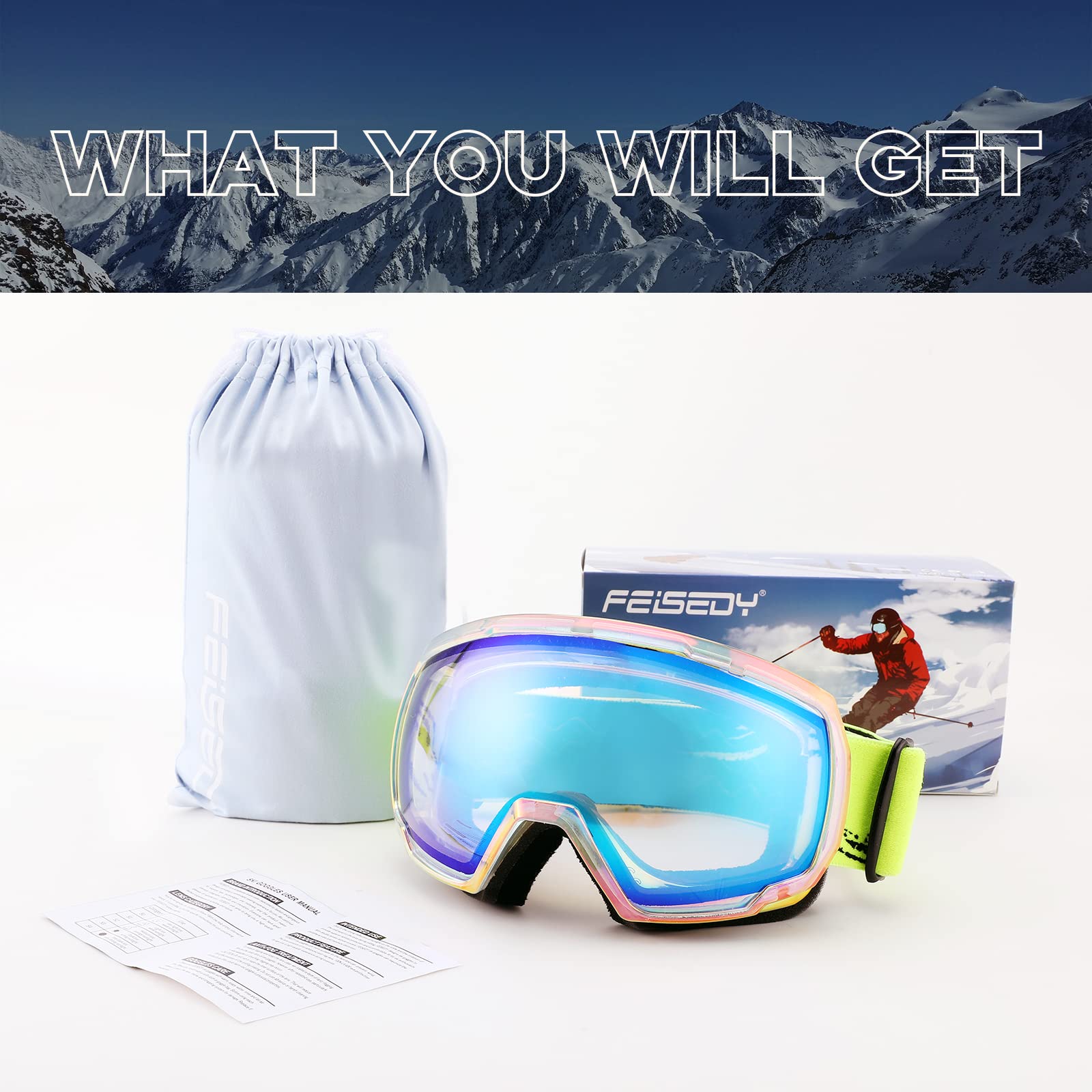 FEISEDY Masques de Ski Hommes & Femmes, Anti-Buée, Protection UV B2960 | Design OTG, Adaptés à la Neige, Masques de Snowboard pour Porteurs de Lunettes