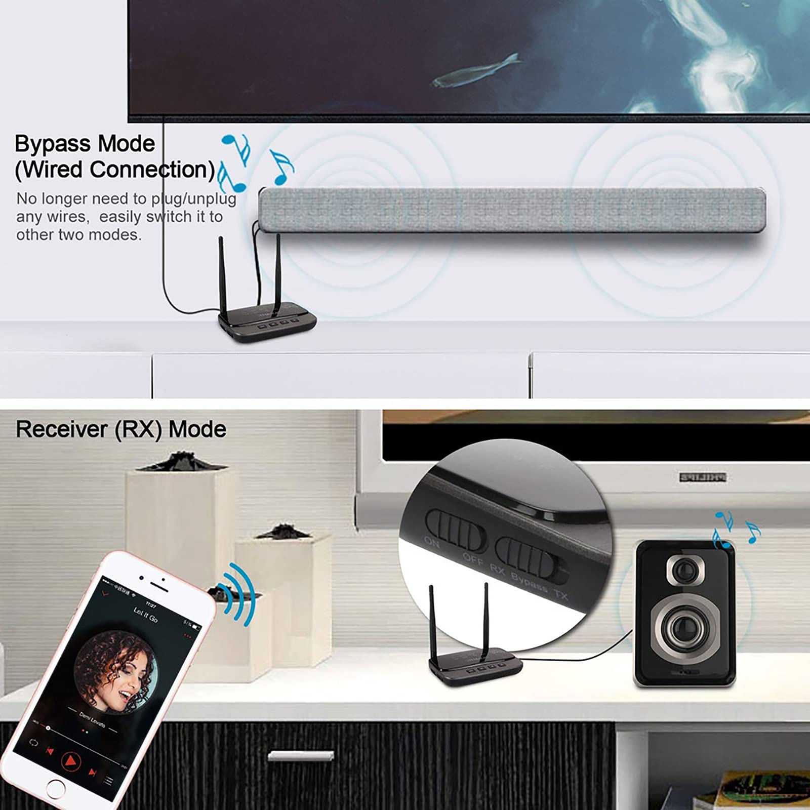 RSGK Ricevitore Trasmettitore Audio Bluetooth 5.0, Bypass Adattatore Wireless AptX LL HD SPDIF AUX 3,5 Mm per PC TV a 2 Auricolari