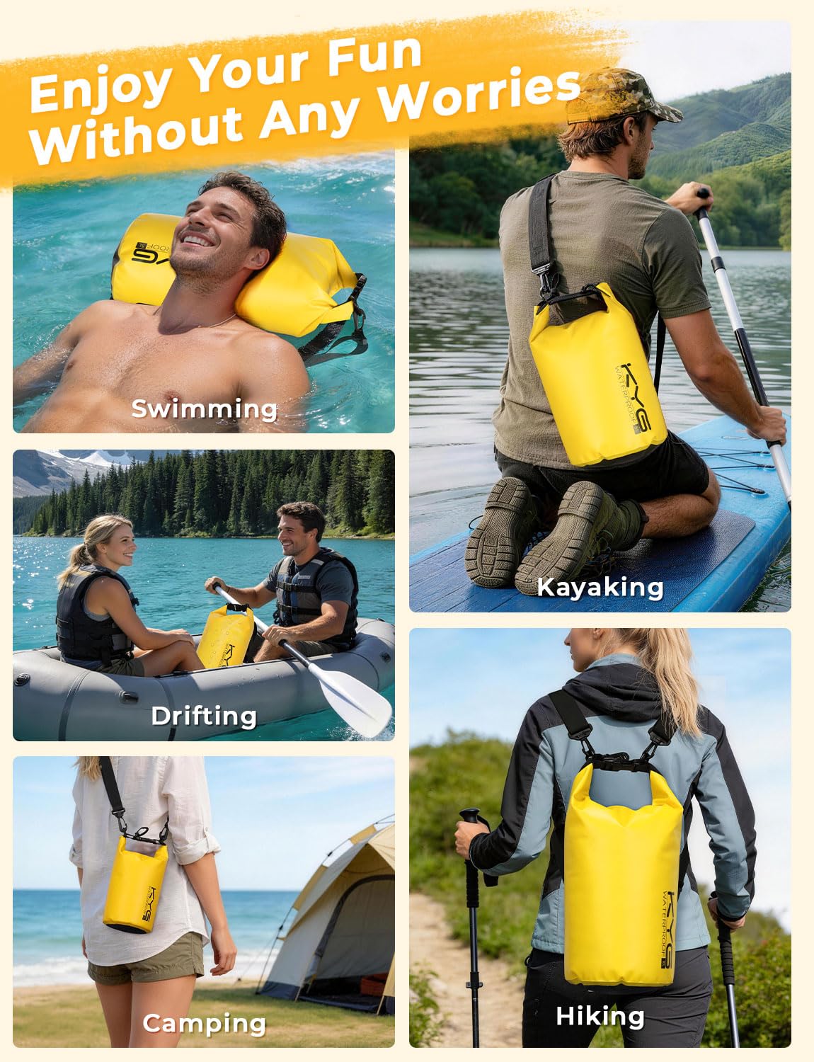 KYG Borsa Impermeabile, 2L/5L/10L Sacca Stagna in PVC, Saldata senza Cuciture – Leggera, Resistente e Galleggiante per Rafting, Trekking Fluviale, kayak, Spiaggia e Campeggio 5L Giallo