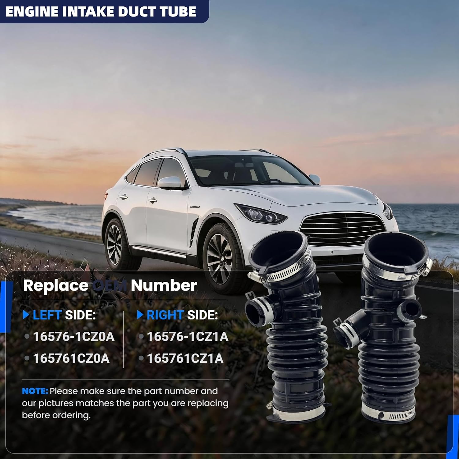 Intake Hose Pipe Replacement for 16576-1CZ0A 16576-1CZ1A Left & Right Engine Intake Duct Tube Fit for Infiniti FX37 2013 QX70 2014-2017 3.7L Only
