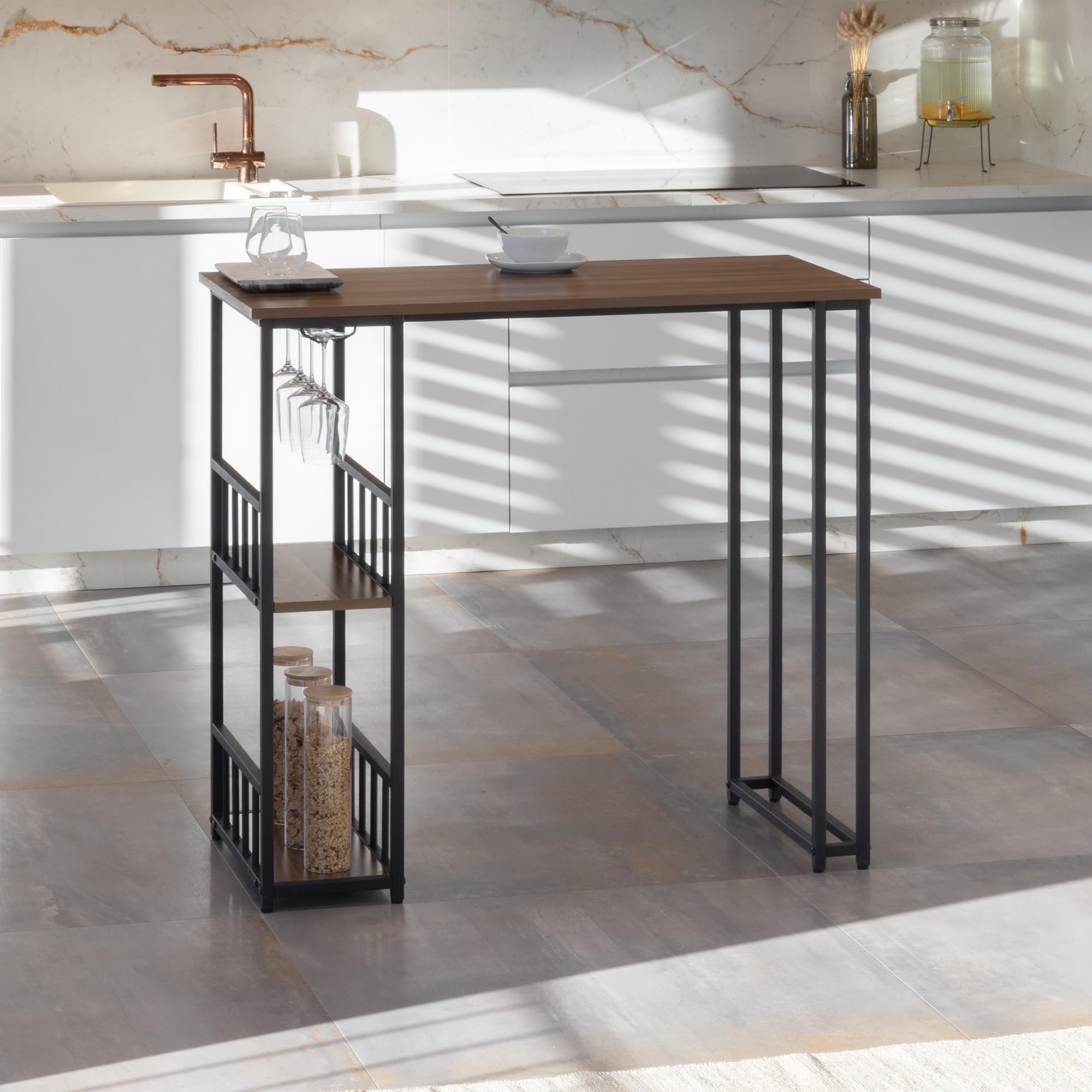 Gavin Mesa de Bar 110x50 cm | 105 cm de Altura | con 2 estantes y portavasos, Estructura de Acero, fácil de Montar, Estilo Industrial, Color Nogal