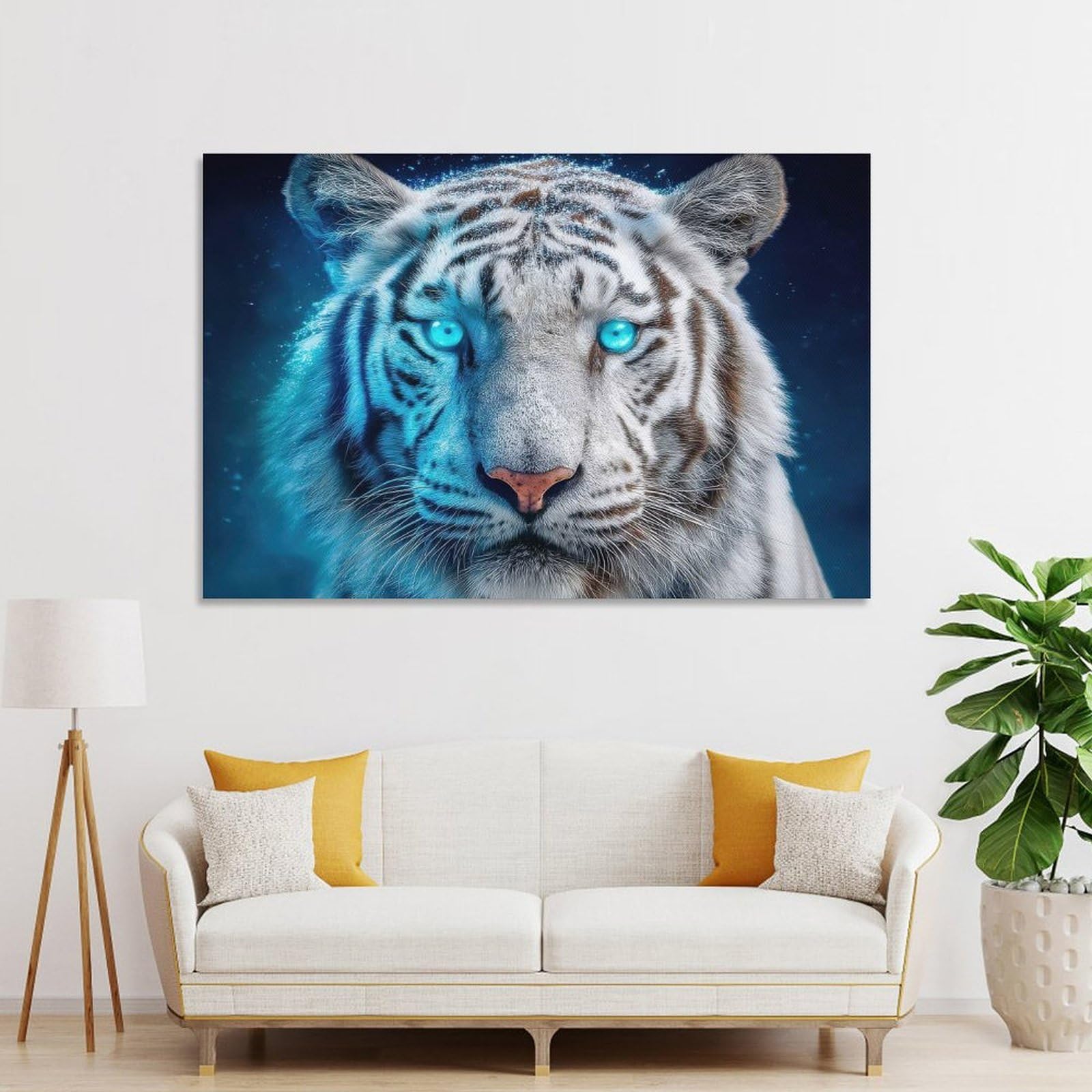 Junmoney Wall Picture Print White Tiger with Glowing Blue Eyes, 24x36inch(60x90cm), for Lounge, Bedroom Or Personal Spaces, Canvas Artwork with Gifting Potential