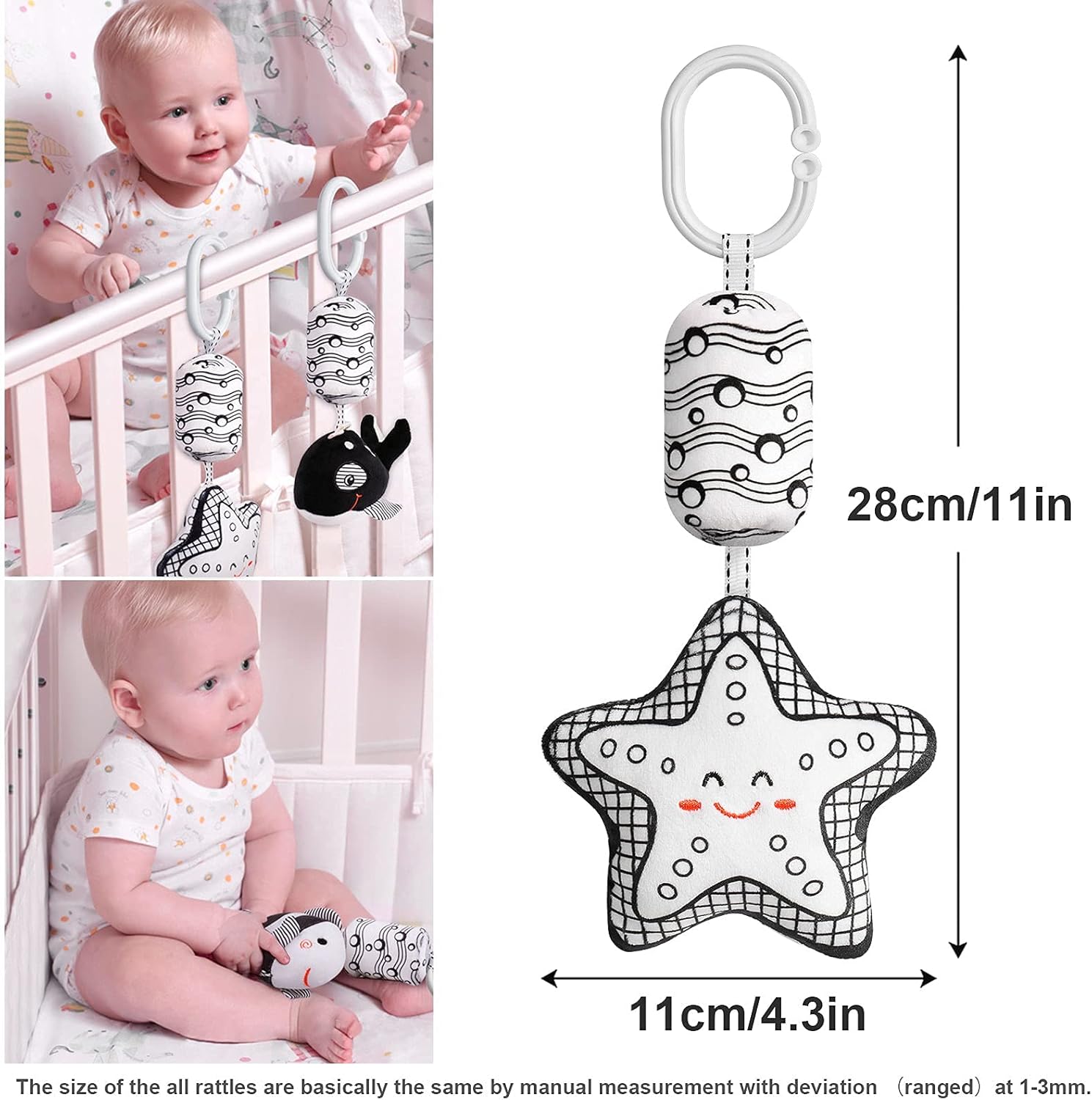 byesuro Baby Hanging Toys Stuffed Animal Bell Infant Stroller Rattle Toys - Crinkle Squeaky Cribs Car Seat New Born Toy with Wind Chimes Plush Toy Black and White Cute 0 3 6 9 to 12 Months : Toys & Games