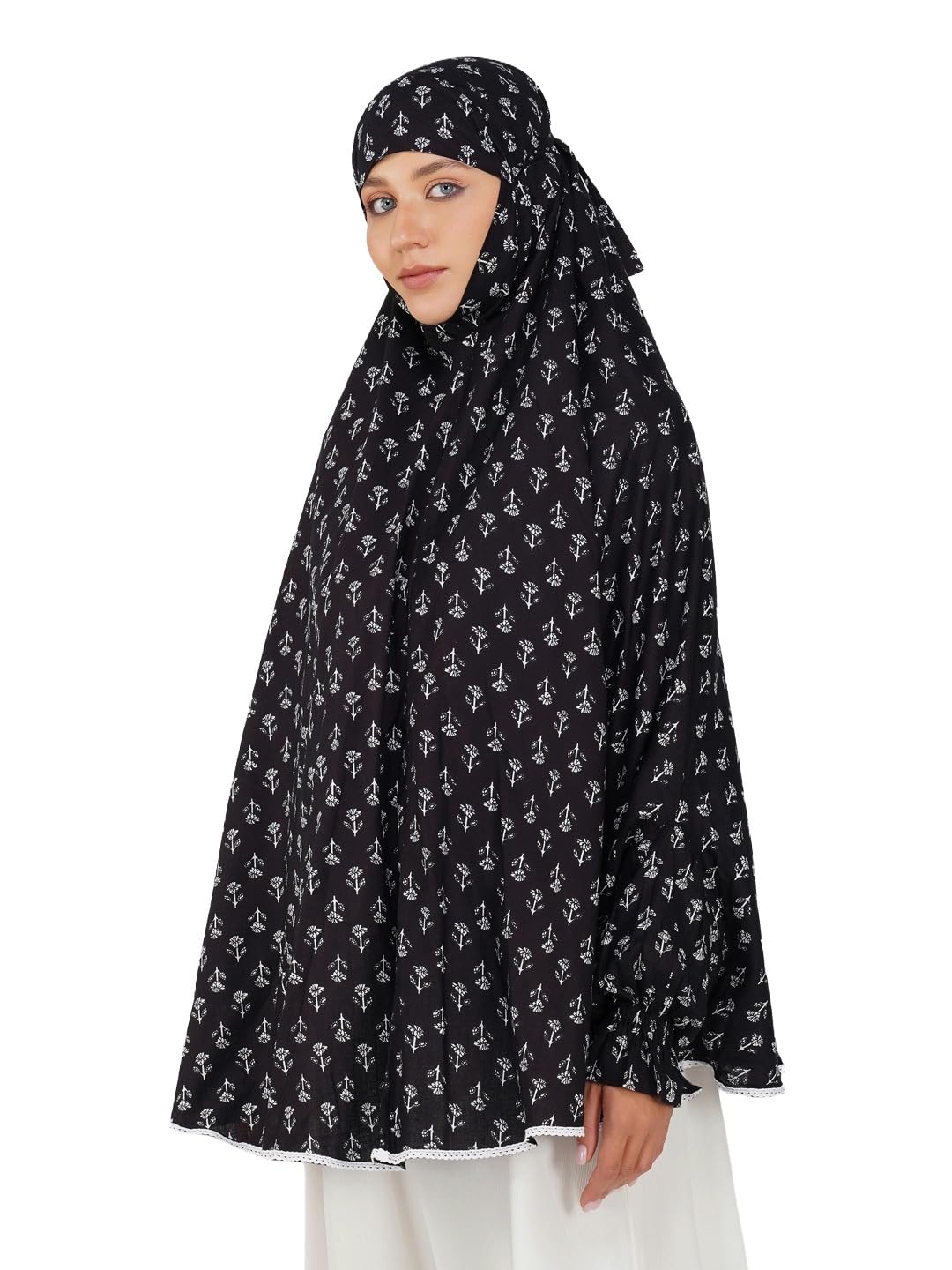 Black Floral Cotton Namaz Makhna for Women, Free Size, Ready to Wear
