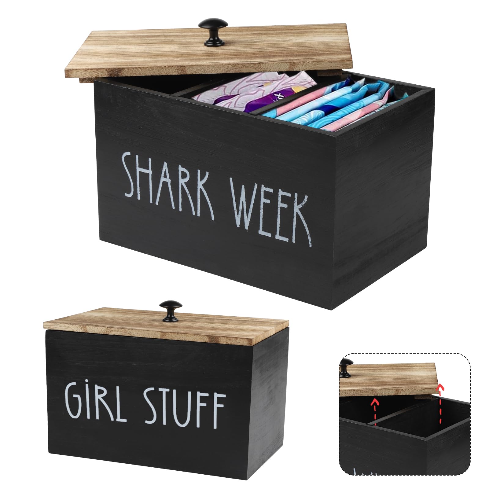 Gzsekken Tampon Holder Storage for bathroom,Shark Week Tampon Sanitary Pad Storage Box,Rustic Wood Bathroom Storage Bin with Lid, Period Organizer for Women, Feminine Products Caddy,White
