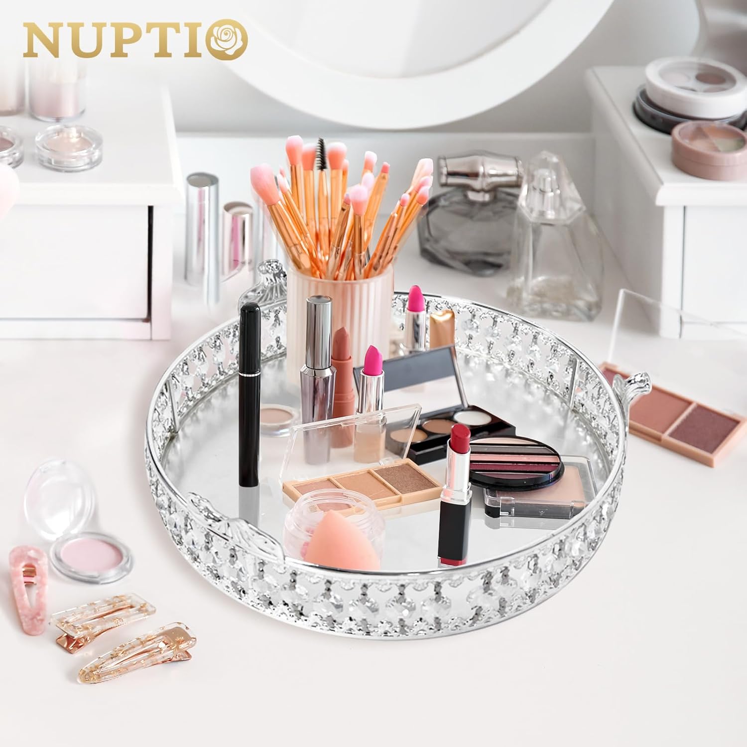 Wedding Metal Cake Display Stand with Mirror Top Plate 12 inches Diameter Beaded Crystal Metal Cake Pedestal, Snack Tray, Baking Party Supplies Centerpiece
