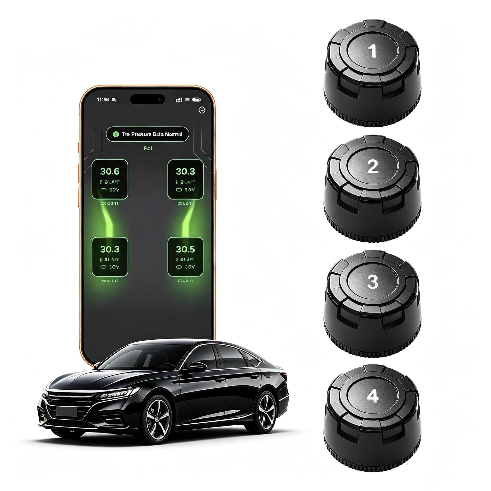 Reifendruckkontrollsystem TPMS 4pcs für Auto, Reifendrucksens mit App