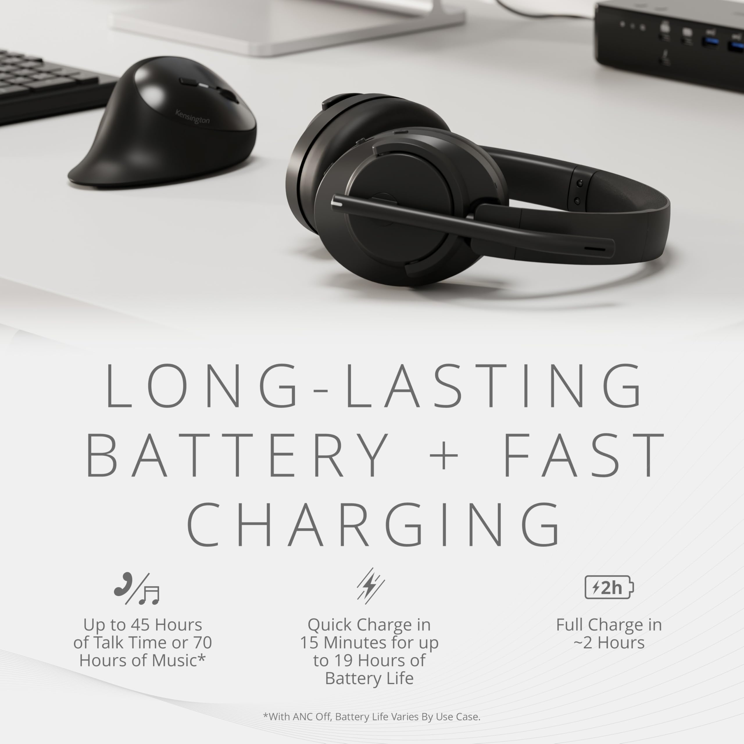 Słuchawki Kensington Hybrid C3550 EQ – bezprzewodowy zestaw Bluetooth® ze sterowaniem na nausznikach, aktywna redukcja szumów, kompatybilny z Windows, macOS, ChromeOS, iOS i Android, K97467WW, czarne