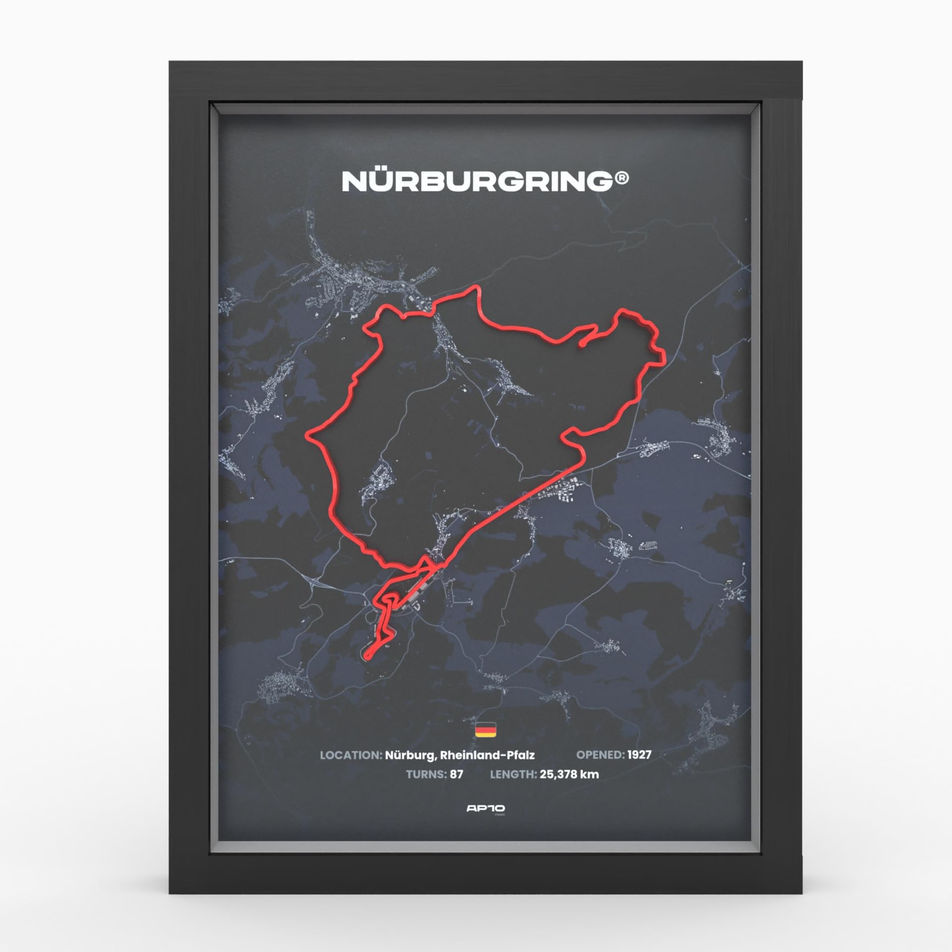 Nürburgring 3D Motorsport A3 Poster im Holzrahmen I Hochwertiger 3D Druck I 2000dpi I 280g Papier I 3D Rennkunst als Deko für Wand, Büro & deinen Schreibtisch oder als Geschenk I Rennstrecken Poster