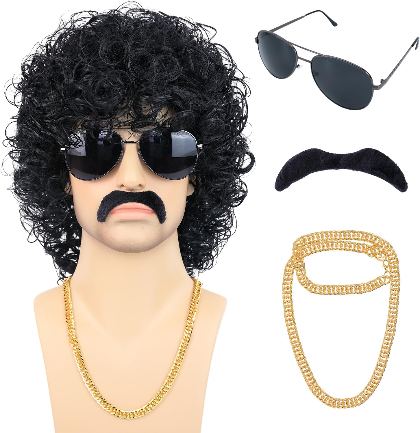 80s Short Black Curly Wig for Men with Mustache Glasses and Chain 70s Mullet Wig with Curl for Rocker Halloween Costume Cosplay