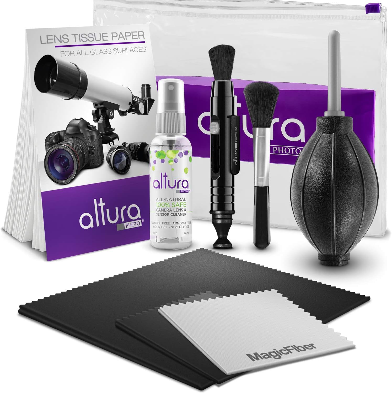 Camera Cleaning Kit - All Natural Lens Cleaner, Brush, Pen, Blower, Microfiber Cleaning Cloths, Tissue Wipes for Canon Nikon Sony Fuji Olympus Pentax Sigma Tamron DSLR Mirrorless Cameras